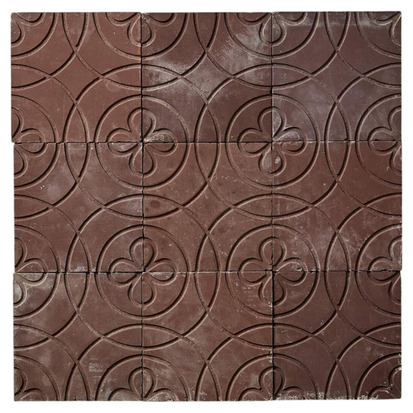 Set of 9 Brown Tiles With Circular Floral Design For Sale