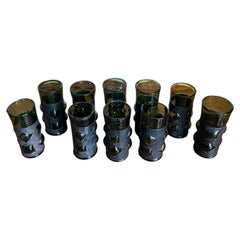 Set of 9 Brutalist Patinated Metal Mounted Olive Green Cordial Shot Glasses