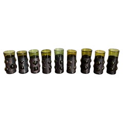 Set of 9 Brutalist Patinated Metal Mounted Olive Green Cordial Shot Glasses