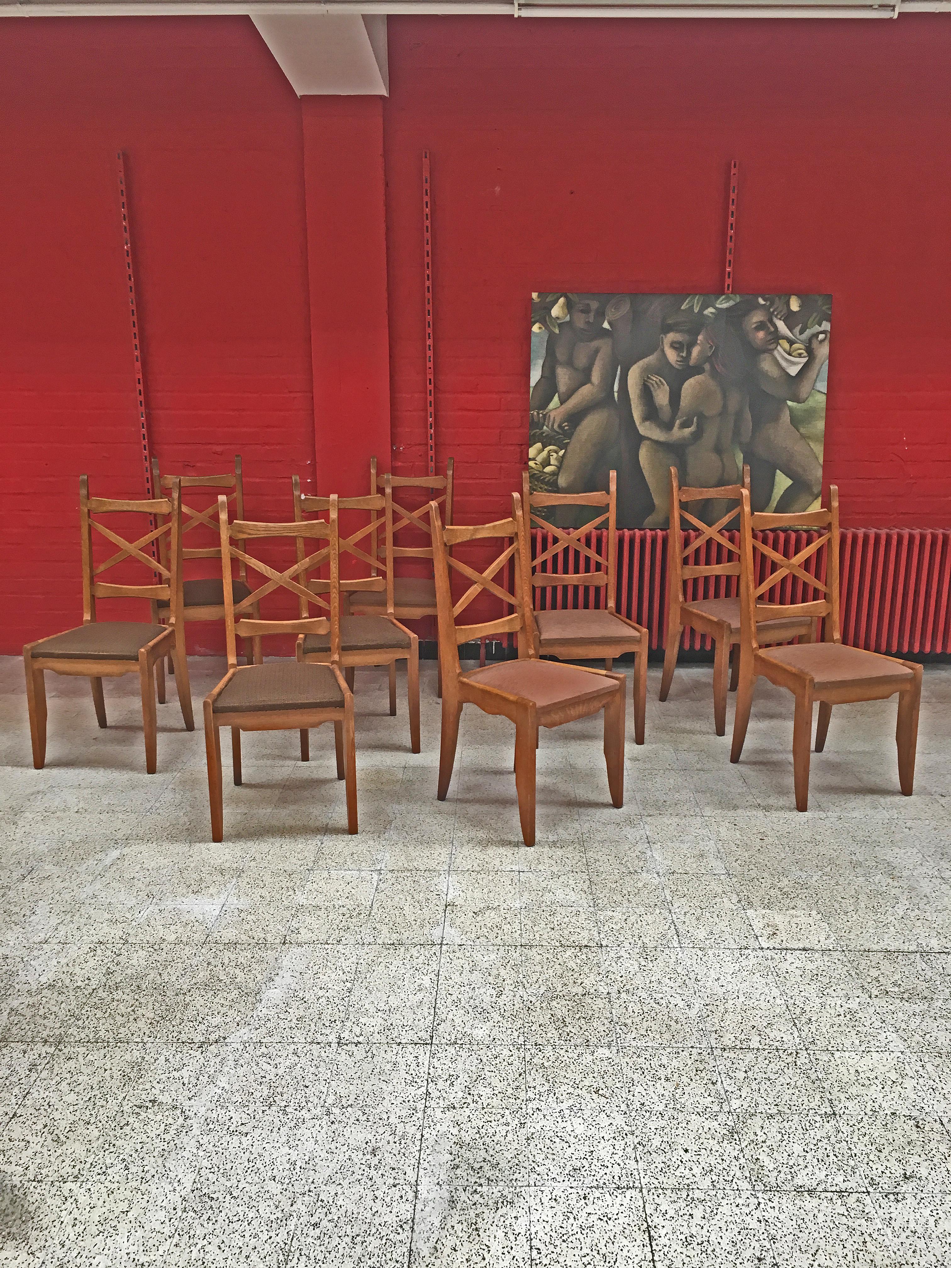 Upholstery Set of 9 Chairs by Guillerme and Chambron, Edition Votre Maison, circa 1960 For Sale