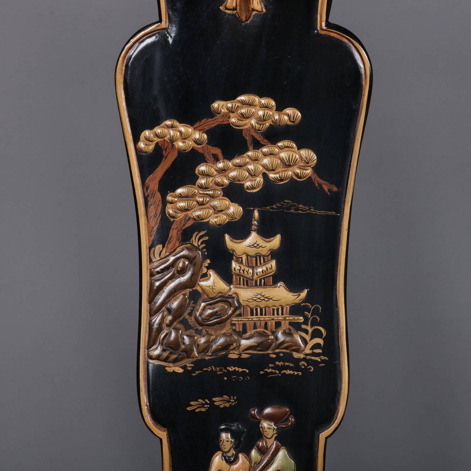 European Set of Nine Chinoiserie Carved Ebonized and Gilt Dining Chairs, 20th Century