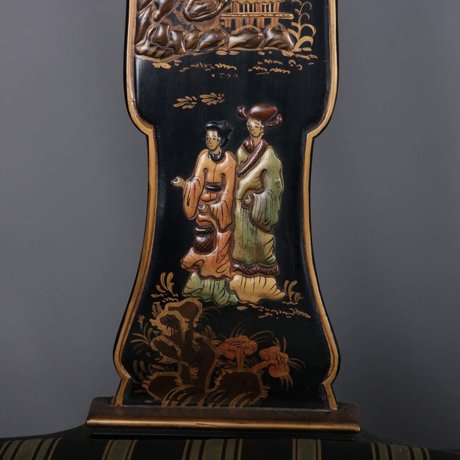 Set of Nine Chinoiserie Carved Ebonized and Gilt Dining Chairs, 20th Century In Good Condition In Big Flats, NY