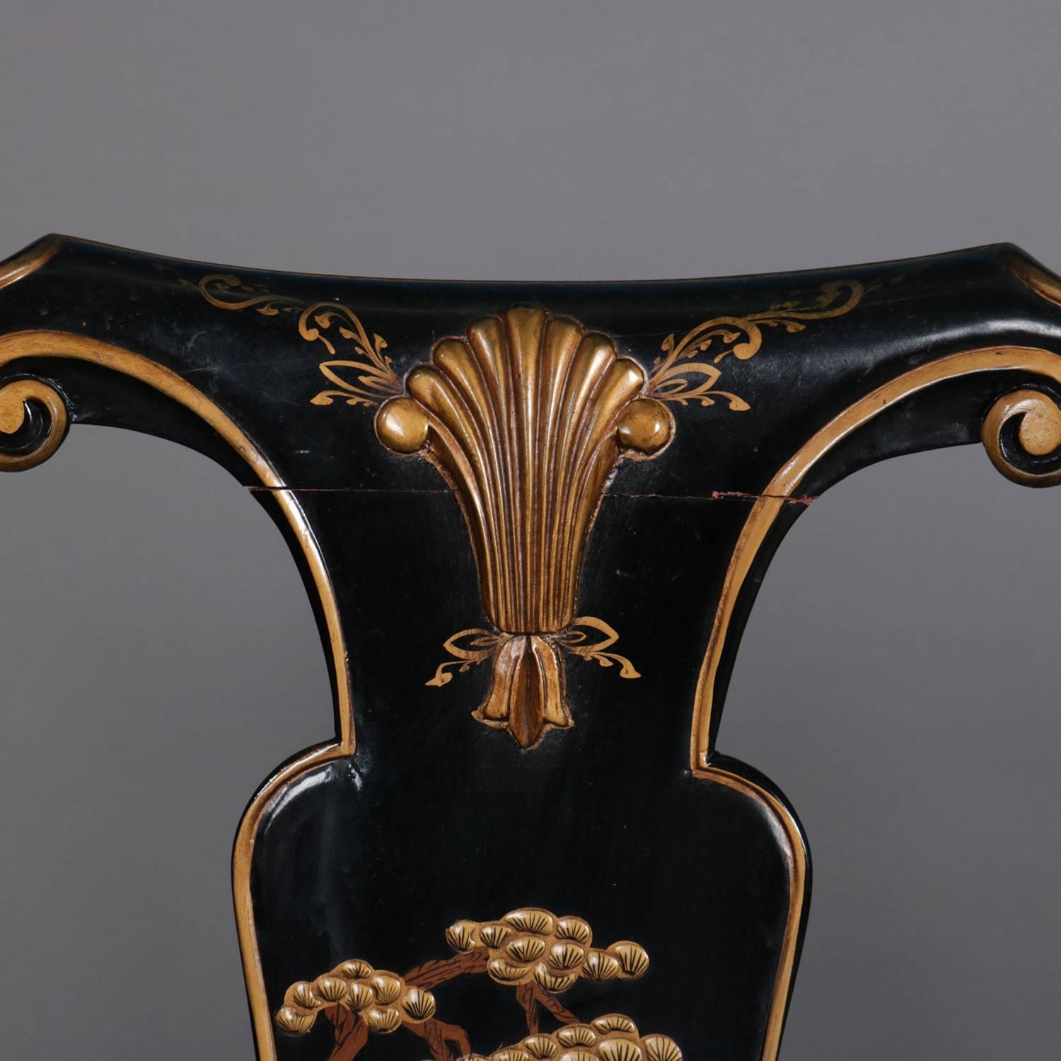 Wood Set of Nine Chinoiserie Carved Ebonized and Gilt Dining Chairs, 20th Century