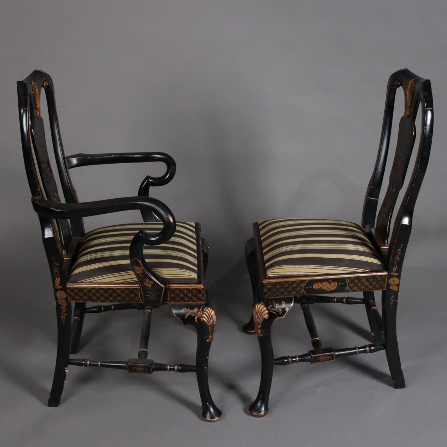 Set of Nine Chinoiserie Carved Ebonized and Gilt Dining Chairs, 20th Century 1