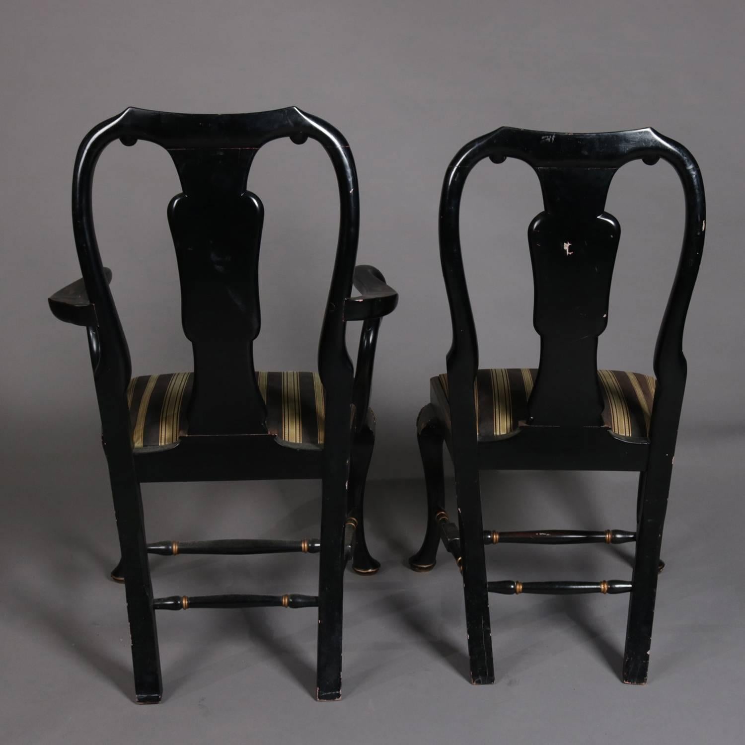 Set of Nine Chinoiserie Carved Ebonized and Gilt Dining Chairs, 20th Century 2