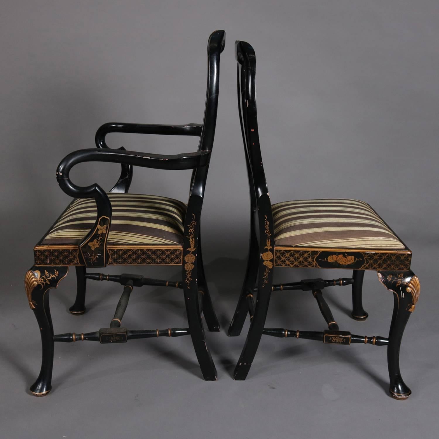 Set of Nine Chinoiserie Carved Ebonized and Gilt Dining Chairs, 20th Century 3