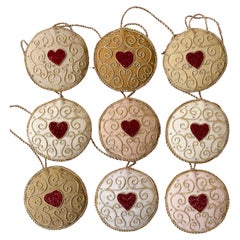 Set of 9 Christmas Ornaments Vintage Irish Linen English Biscuits Jammie Heart