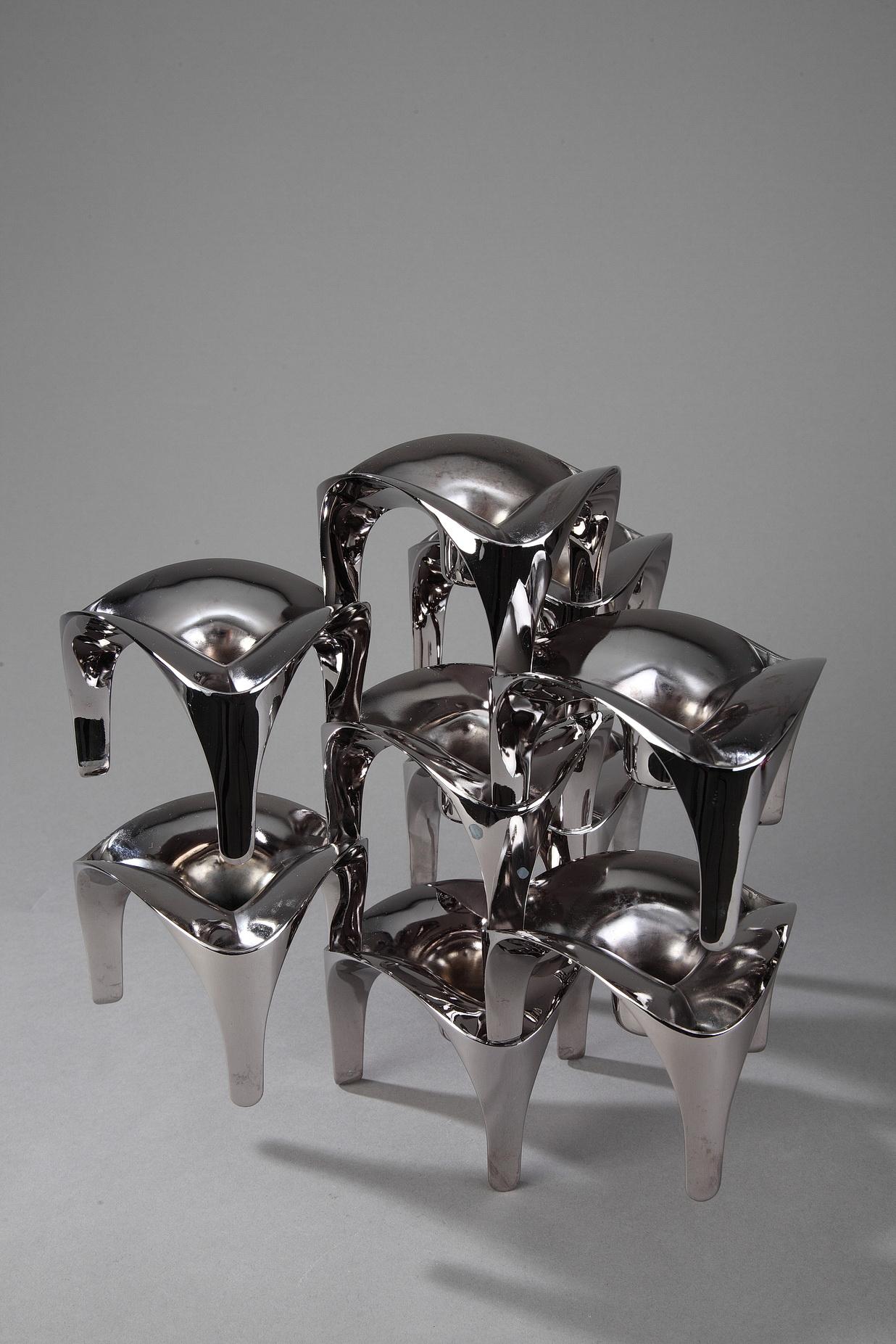 Set of 9 Chromed Metal Candleholders by Nagel, Germany 3