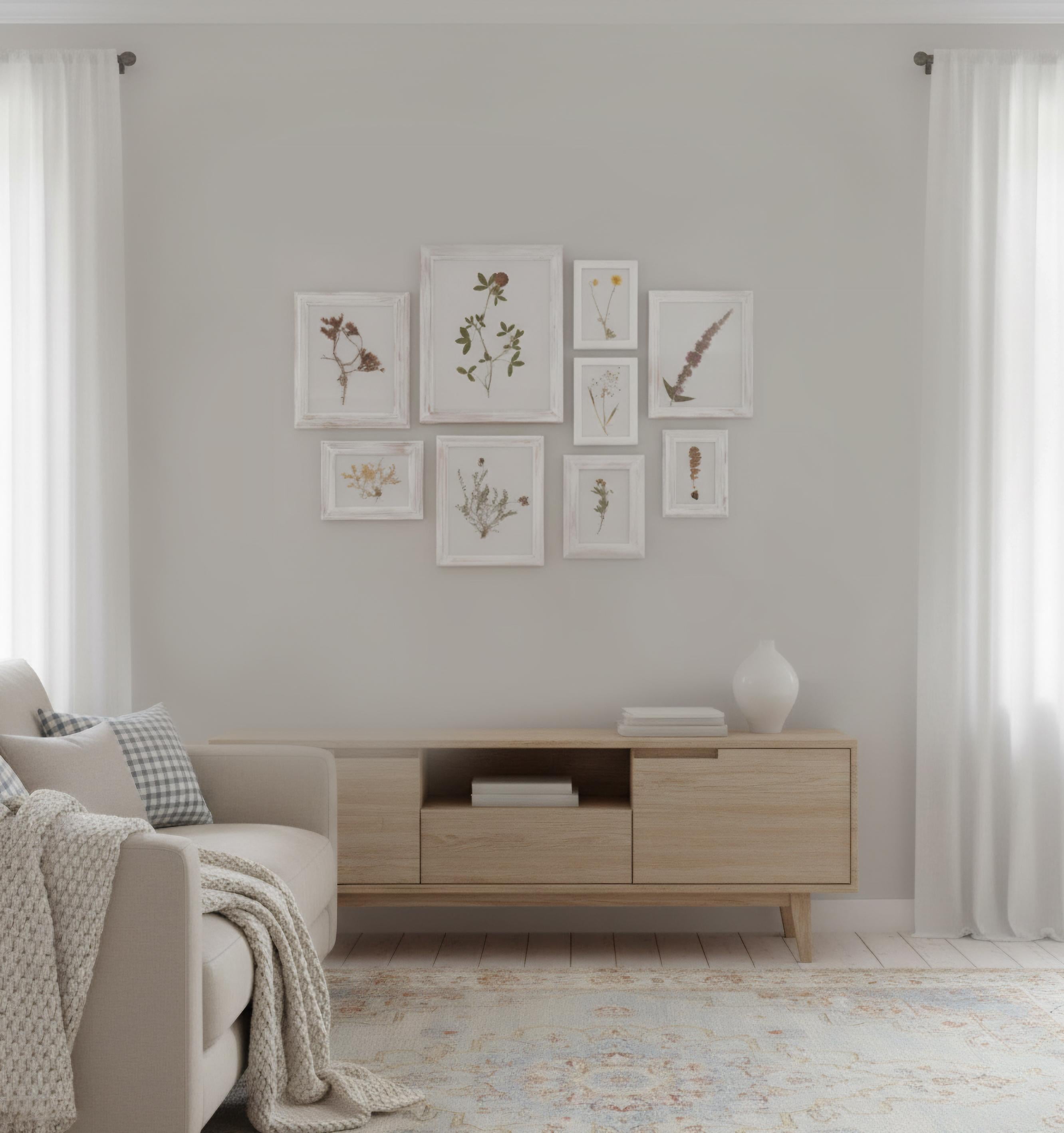 Une magnifique galerie de neuf spécimens floraux d'herbiers suédois anciens, encadrés et personnalisés, collectés vers 1920. Présentés dans des cadres en chêne lavé blanc. Prêt à être accroché.

(1) 6.13 x 8.13