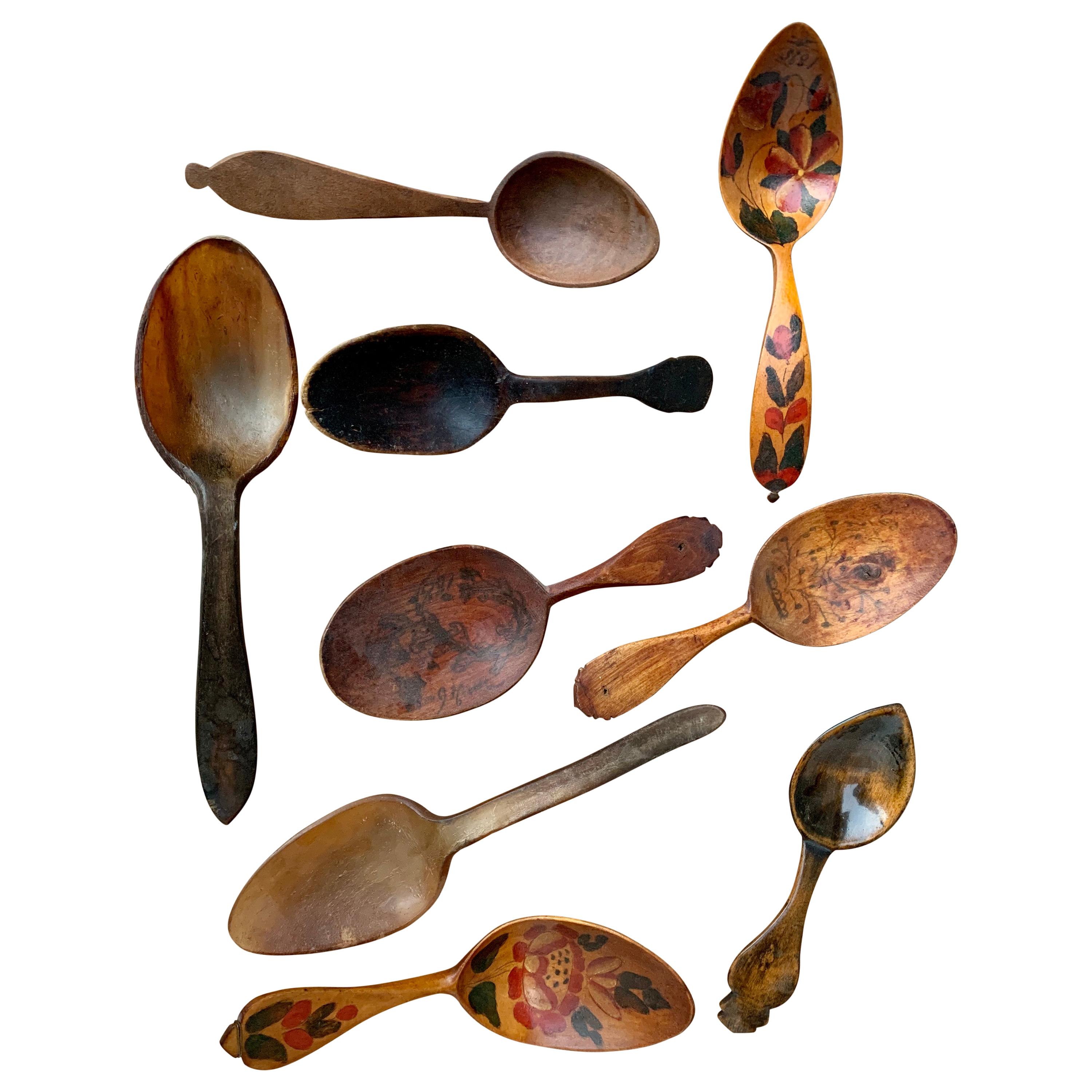 Set of 9 Different Pieces 19th Century Hand Carved Spoons For Sale