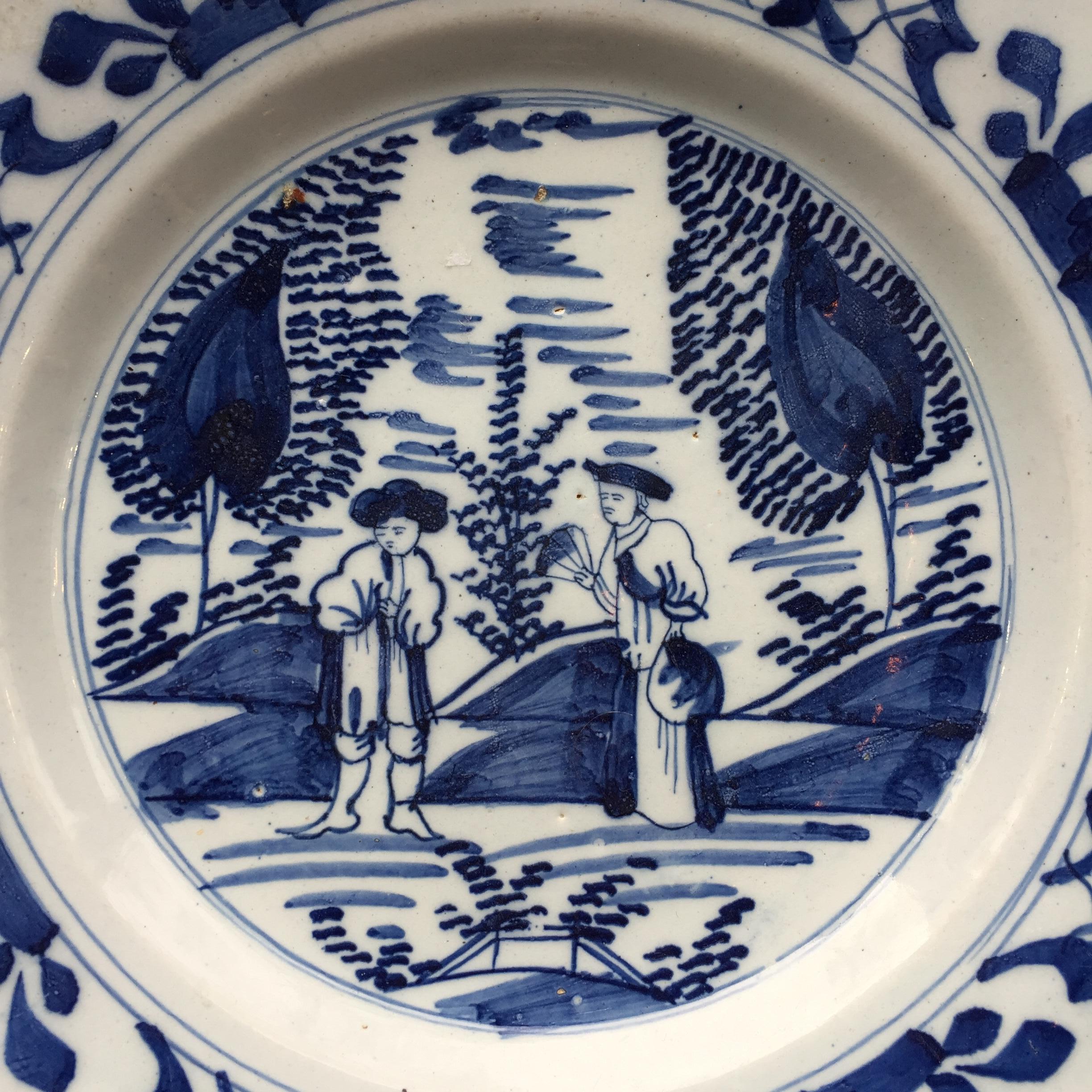 Mid-18th Century Set of 9 Dutch Delft Plates with Couples, 18th Century For Sale