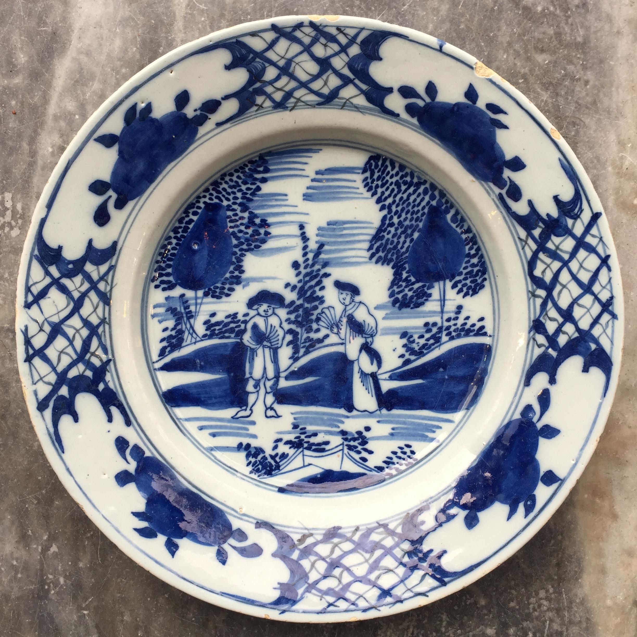 Ceramic Set of 9 Dutch Delft Plates with Couples, 18th Century For Sale