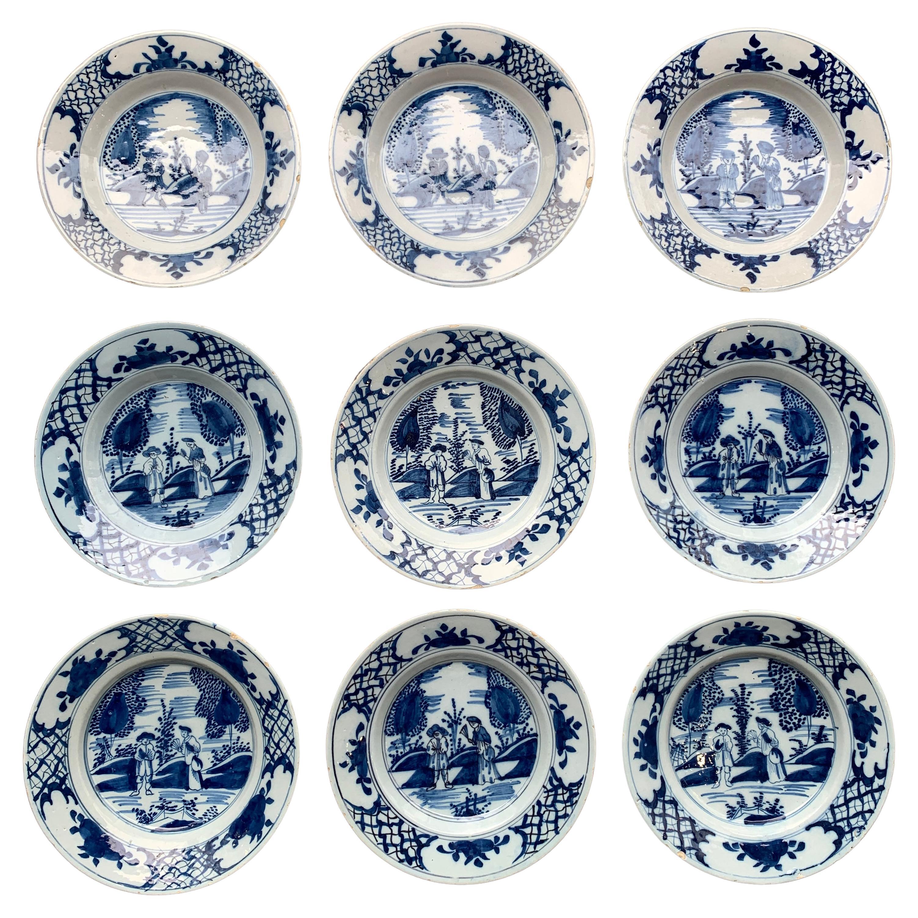 Set of 9 Dutch Delft Plates with Couples, 18th Century For Sale