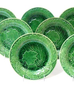 Set of 9 English Davenport Green Majolica Vine Leaf geranium leaf plates