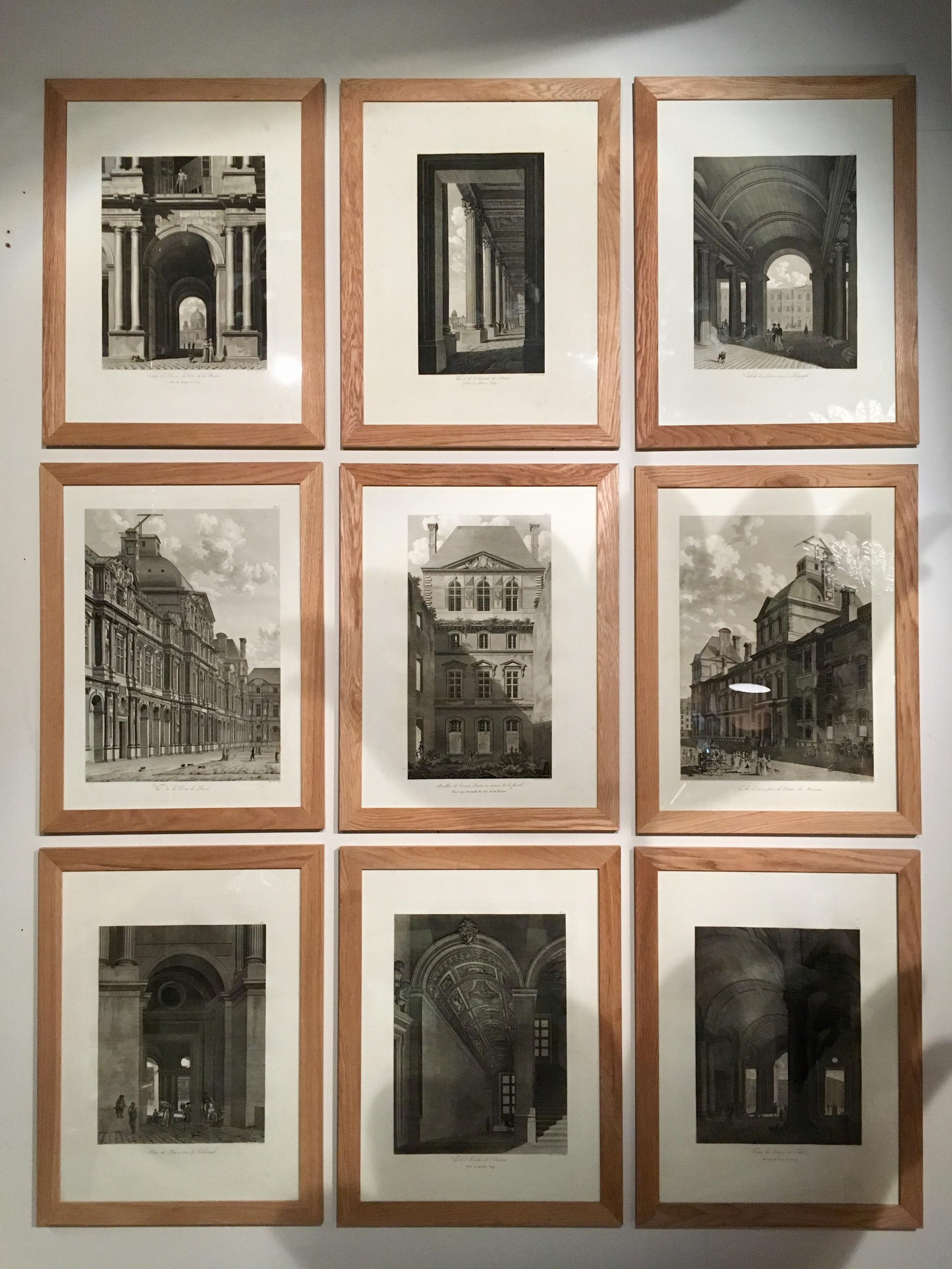 Very nice and rare suite of 9 engravings early 19th (1805) representing the architecture (views) of the Palace of the Louvre, Paris, France.
Engraved and designed by Balard.
These engravings were made for a work offered to the Emperor Napoleon