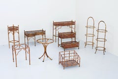 Set of 9 Faux Bamboo Planters and Small Tables with Glass Top, France, 1970's