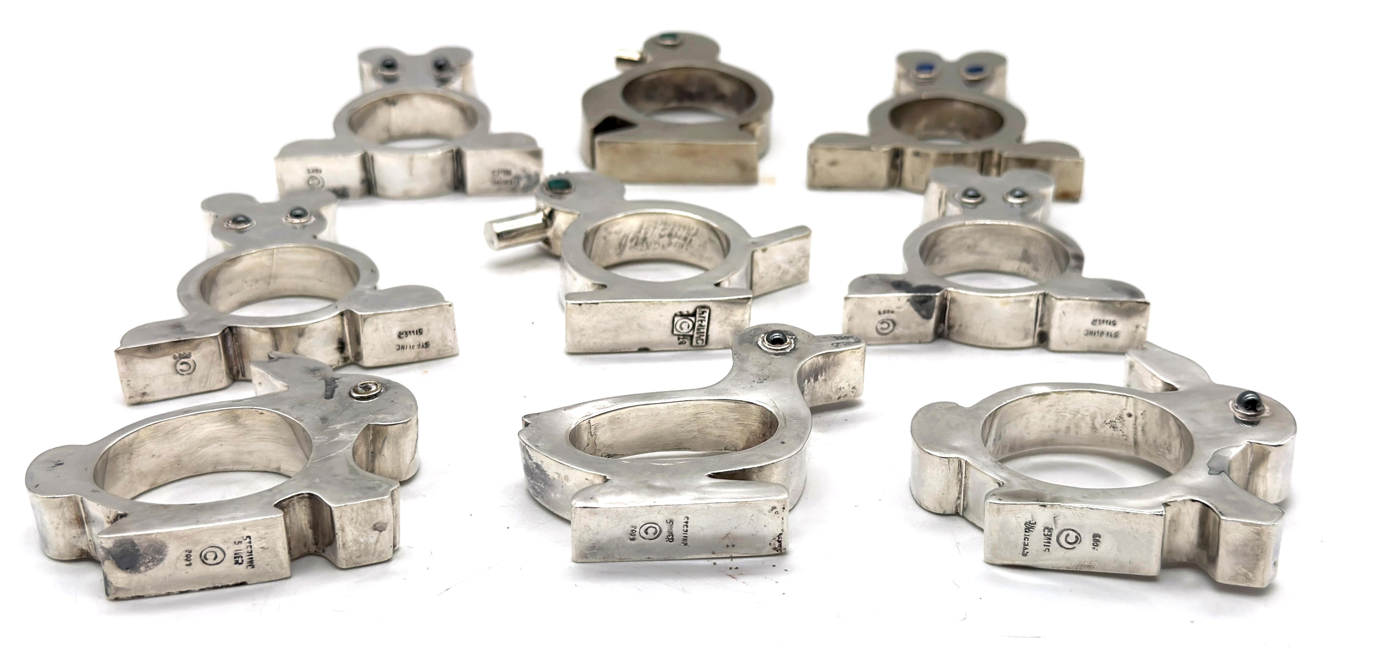 Satz von 9 Serviettenringen aus Sterlingsilber, Taxco Mexico, Mitte des 20. im Angebot 4