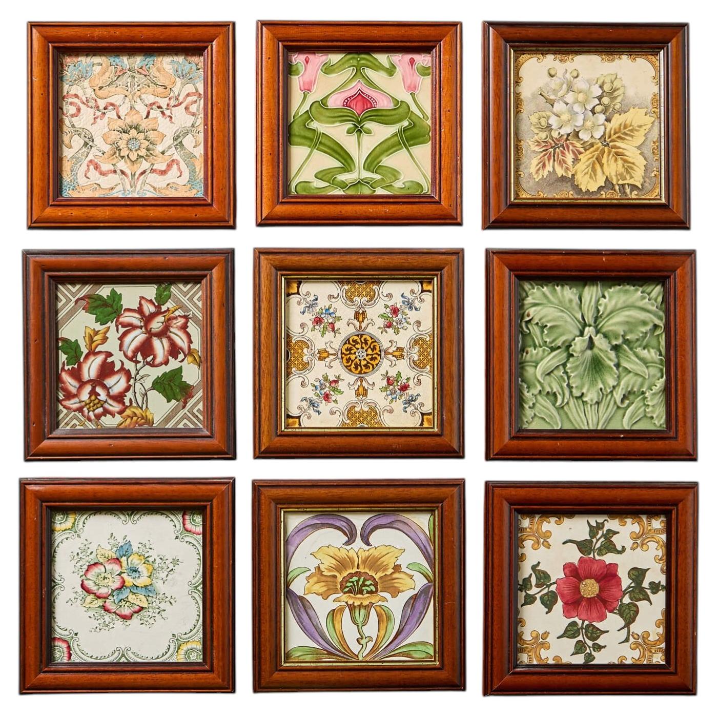 Set of 9 Framed Antique English Floral Tiles