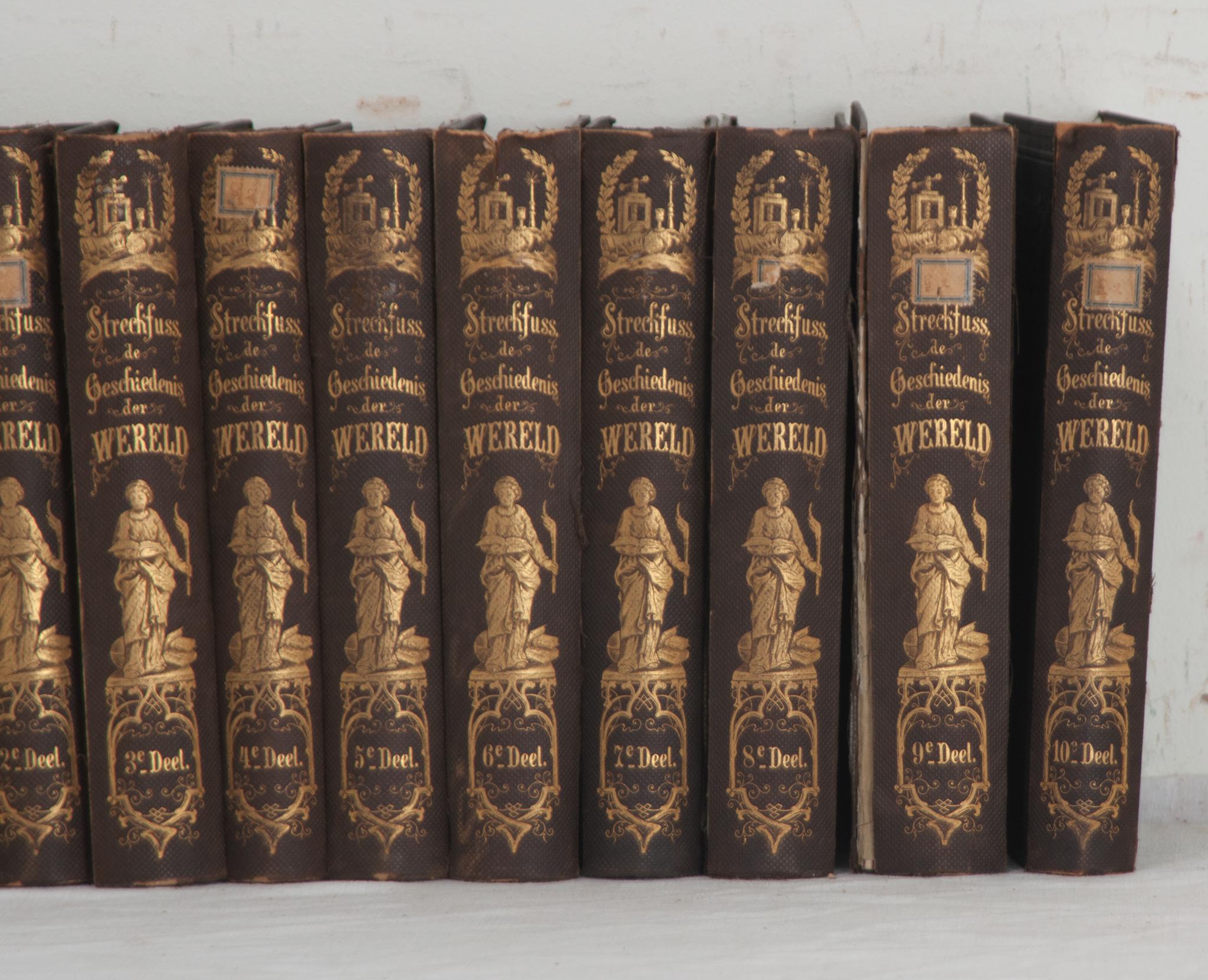 A collection of eleven volumes of history books by César Cantu. This set of books is bound in leather with gold lettering stating the title and respective volume. Written from 1845-1849, Histoire Universelle serves as a compilation of universal