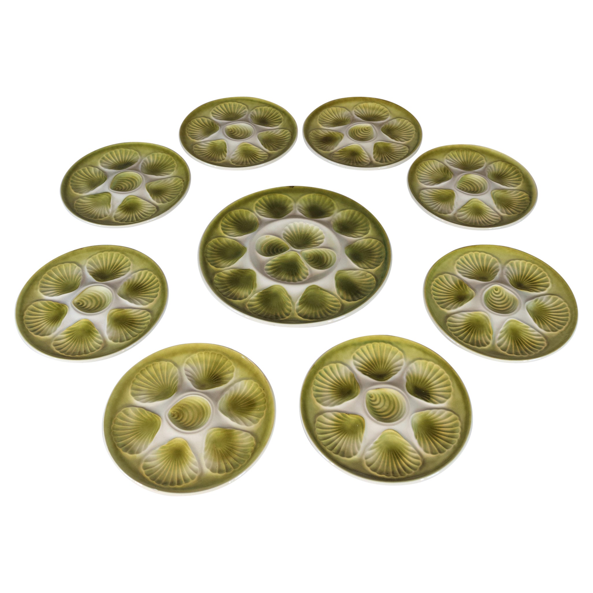 Set of 9 French Orchies Moulin des Loups Green Oyster Shell Plates
