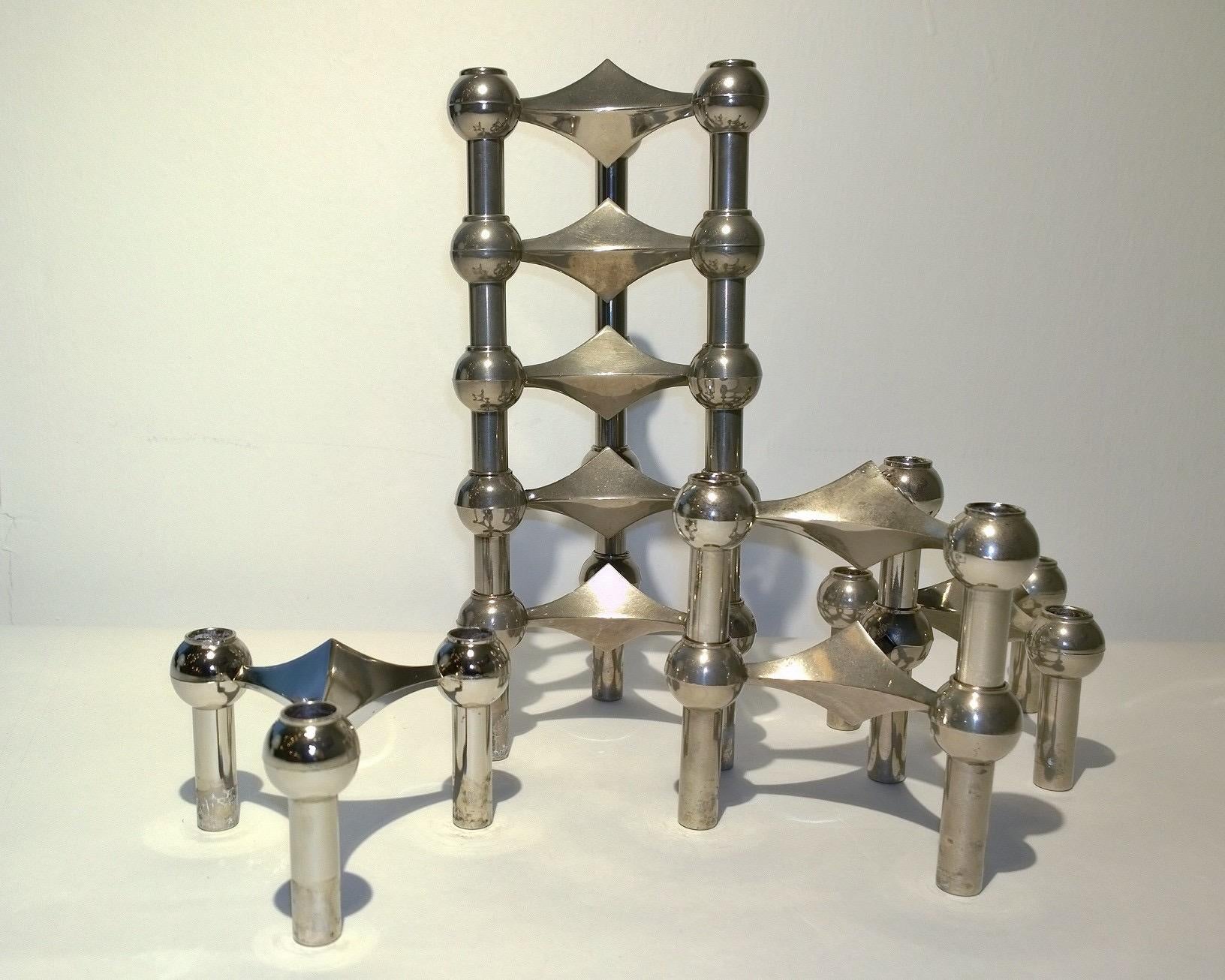 Mid-Century Modern Set of 9 Fritz Nagel & Caesar Stoffi Stacking Stainless Steel Candleholders For Sale