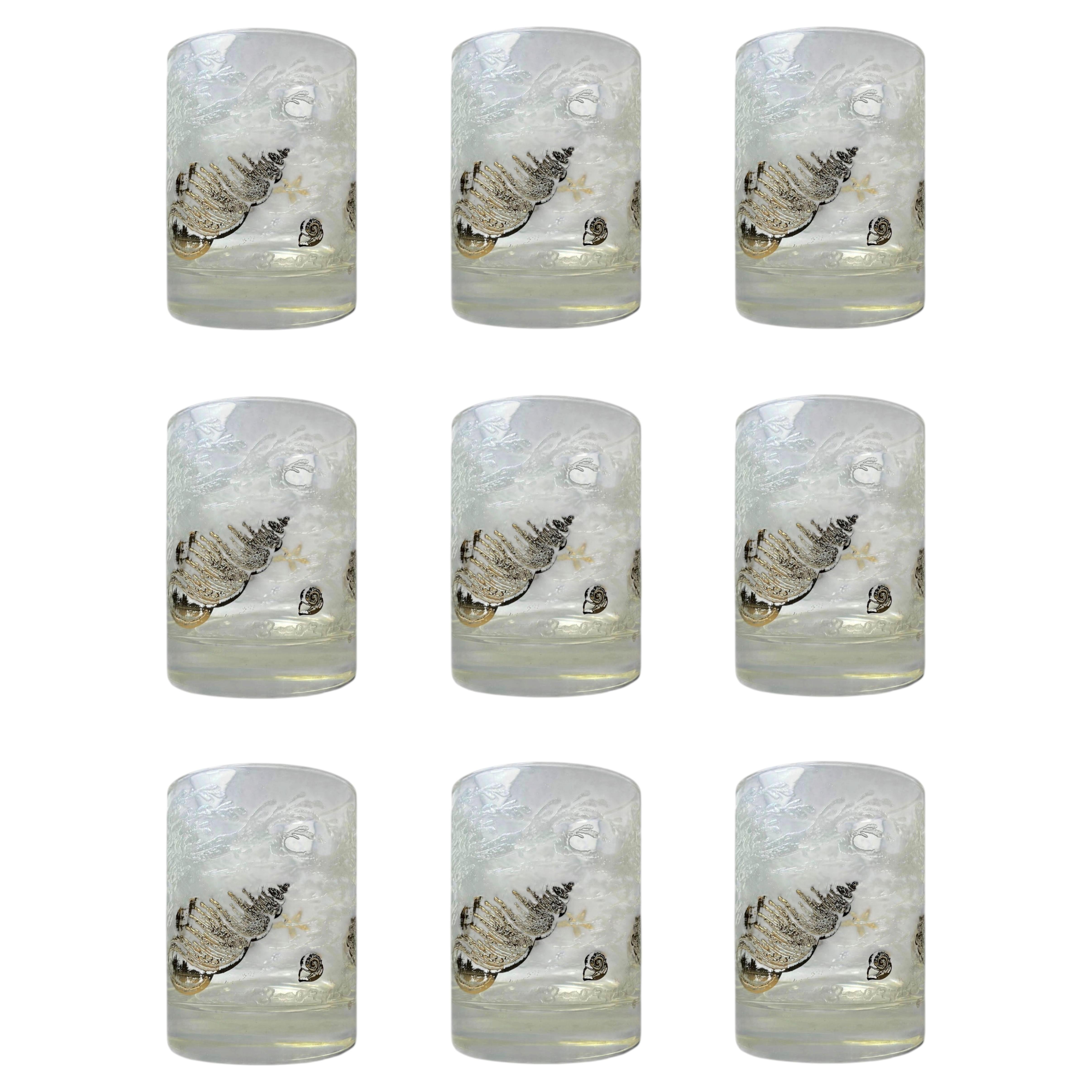Set of 9 Georges Briard Vintage Seashell Barware Whiskey Lowball Drink Glasses For Sale