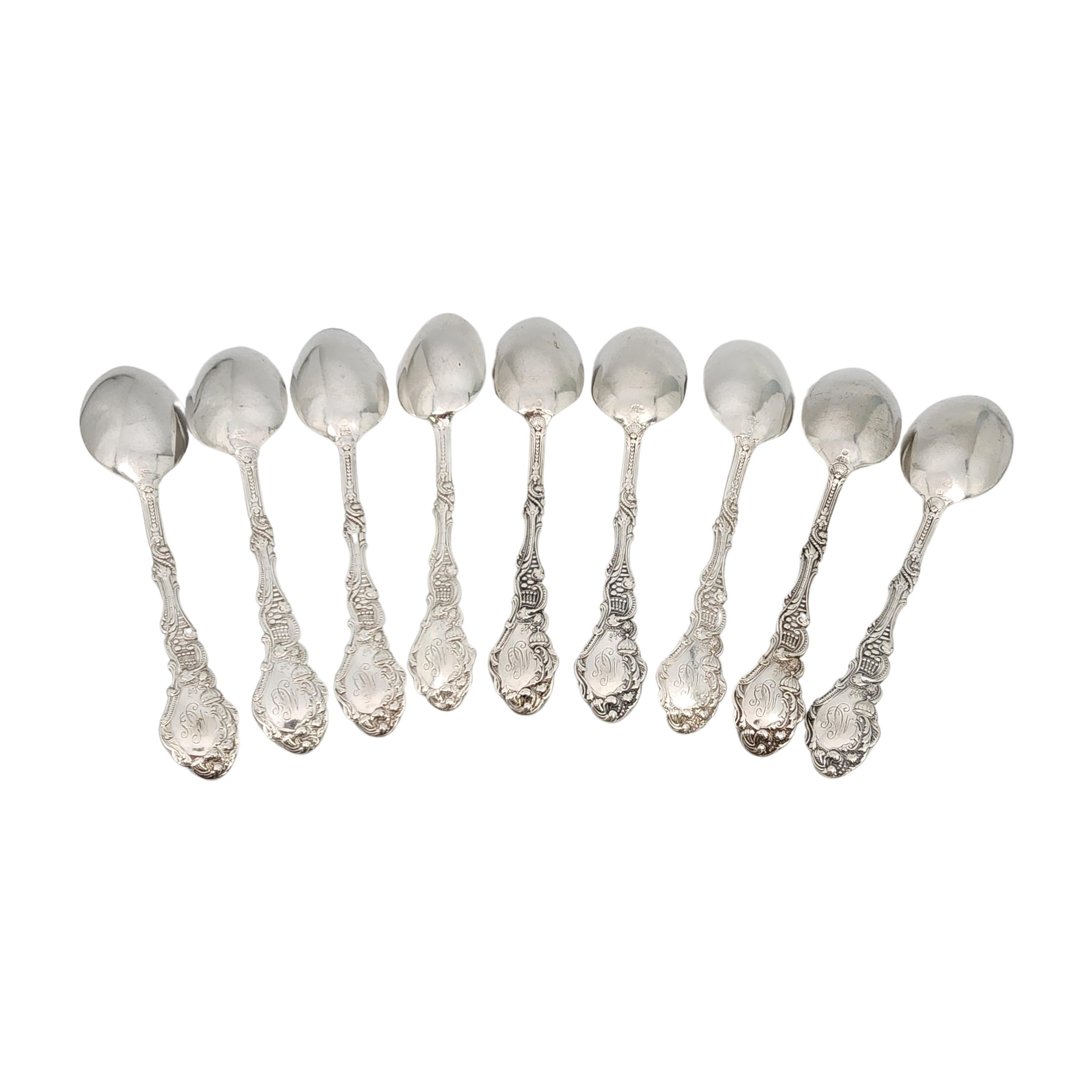 Set of 9 sterling silver teaspoons in the Versailles pattern by Gorham.

Monogram appears to be MSJ (see photo).

Gorham's Versailles is a multi motif pattern designed by Antoine Heller in 1885. Named for the Palace of Versailles, the pattern