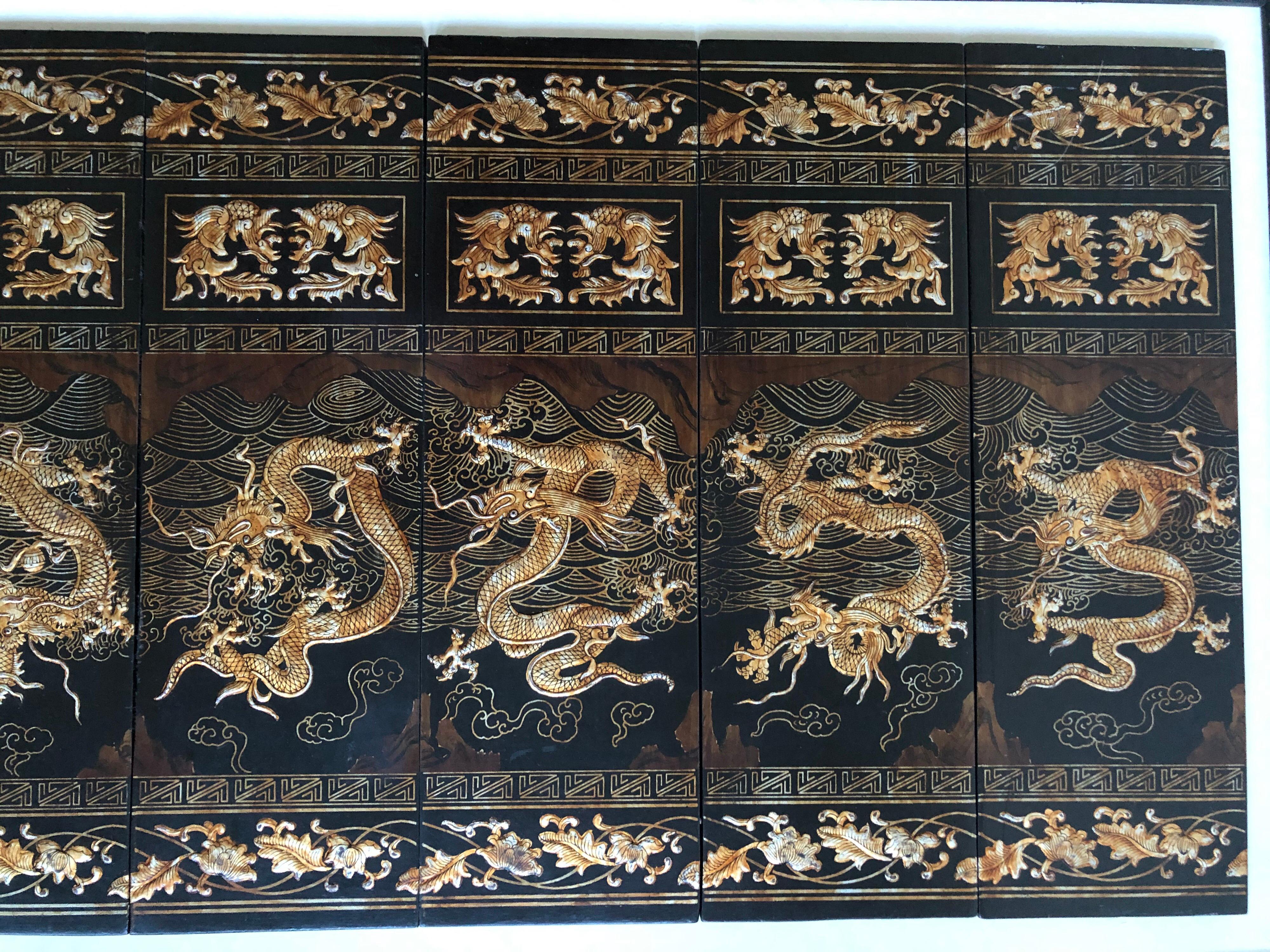 Empire Set of 9 Hand Painted Lacquered Chinese Gold Dragon Wall Panels