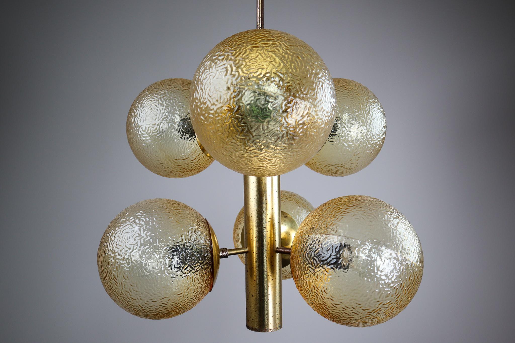 Set of 9 Kaiser Sputnik Glass Globes Patinated Brass Chandeliers, Germany, 1970s 5