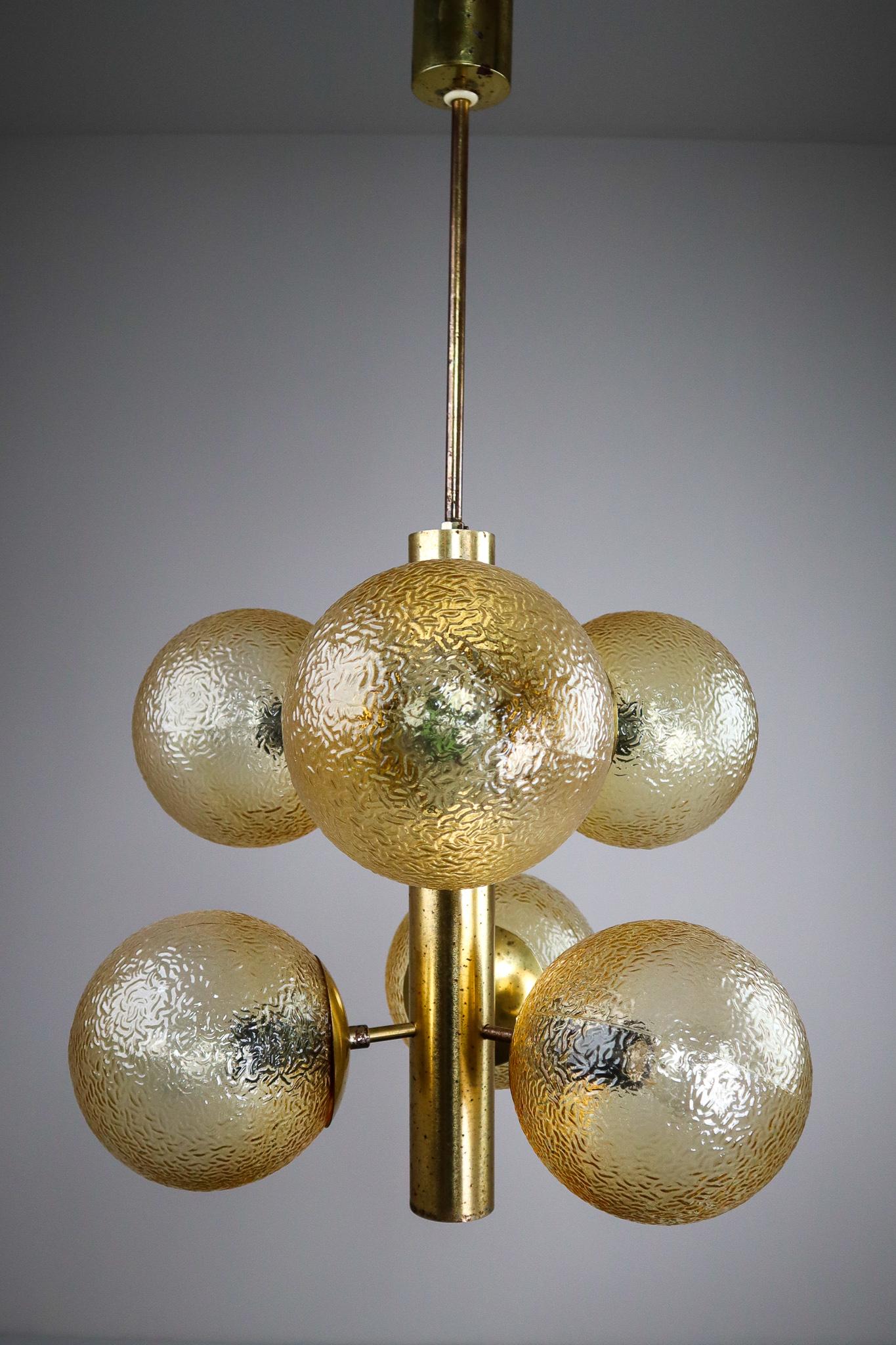 Set of 9 Kaiser Sputnik Glass Globes Patinated Brass Chandeliers, Germany, 1970s 2