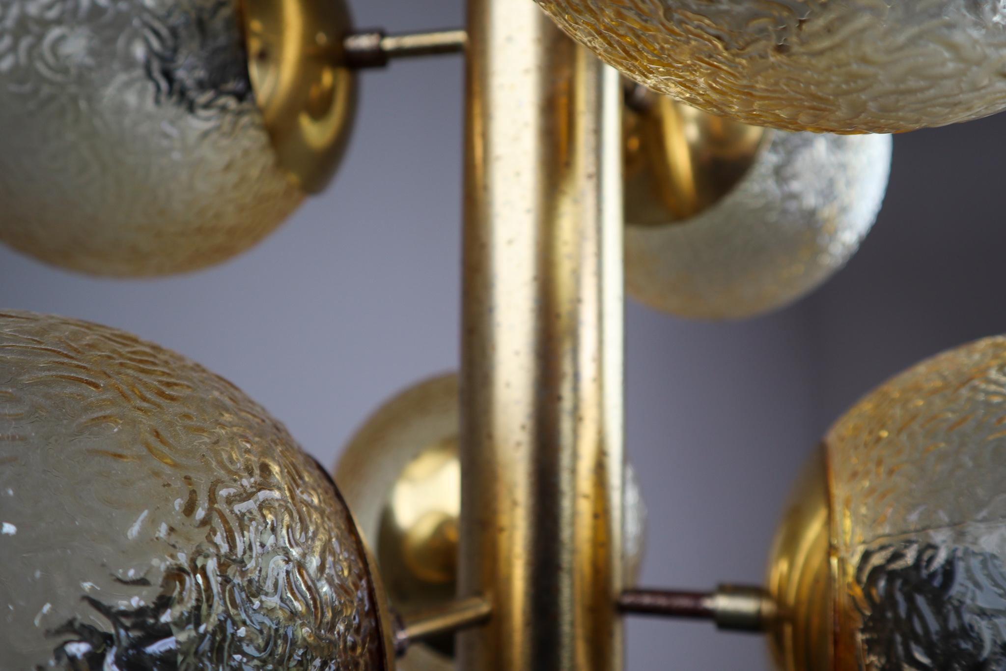 Set of 9 Kaiser Sputnik Glass Globes Patinated Brass Chandeliers, Germany, 1970s 4