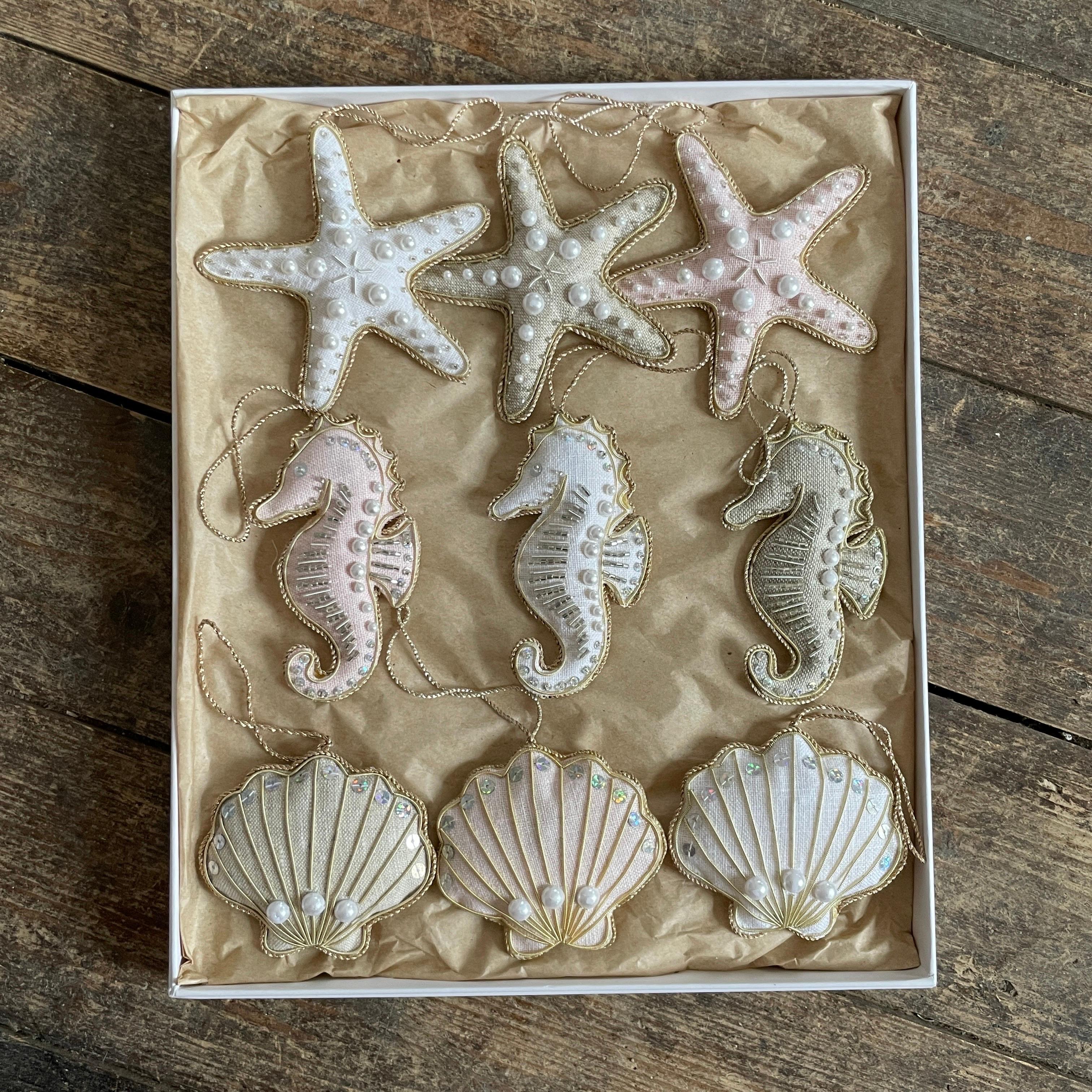 Contemporary Set of 9 Limited Edition Artisan Irish Linen Seahorses Starfishes Shells Pastels For Sale