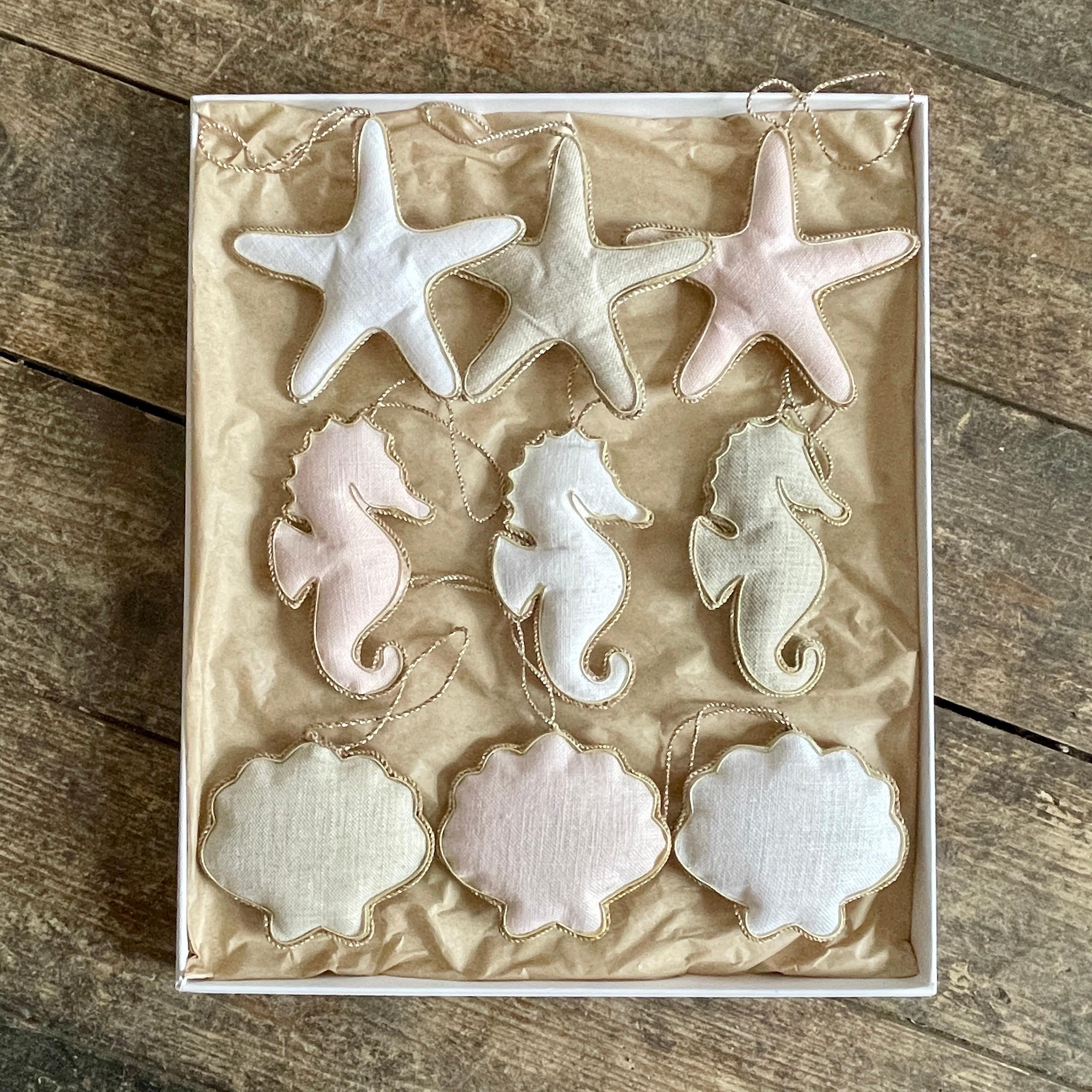 Set of 9 Limited Edition Artisan Irish Linen Seahorses Starfishes Shells Pastels For Sale 1