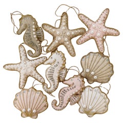 Antique Set of 9 Limited Edition Artisan Irish Linen Seahorses Starfishes Shells Pastels