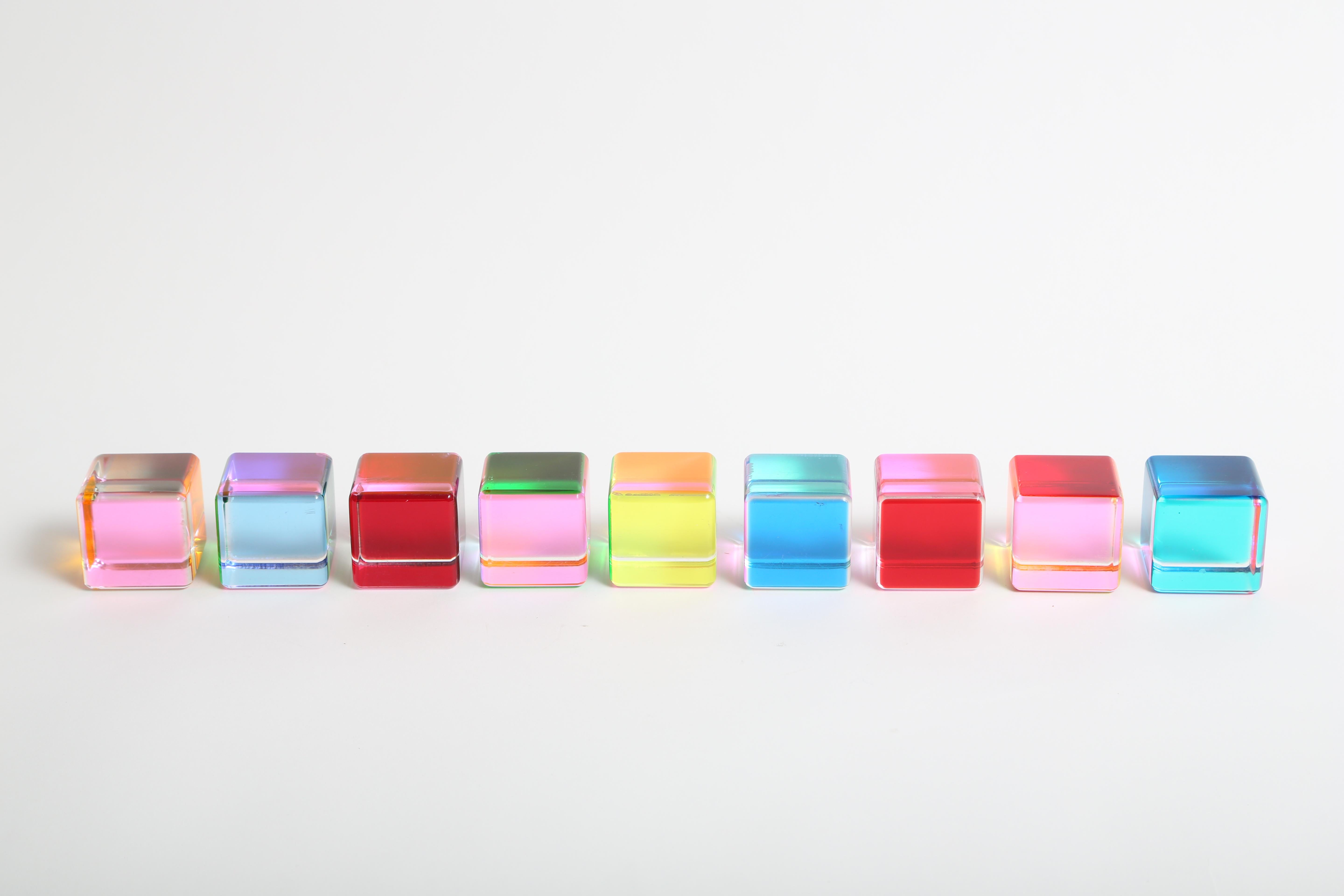 Collection of 9 Lucite sculpture cubes by Vasa Velizar Mihich.