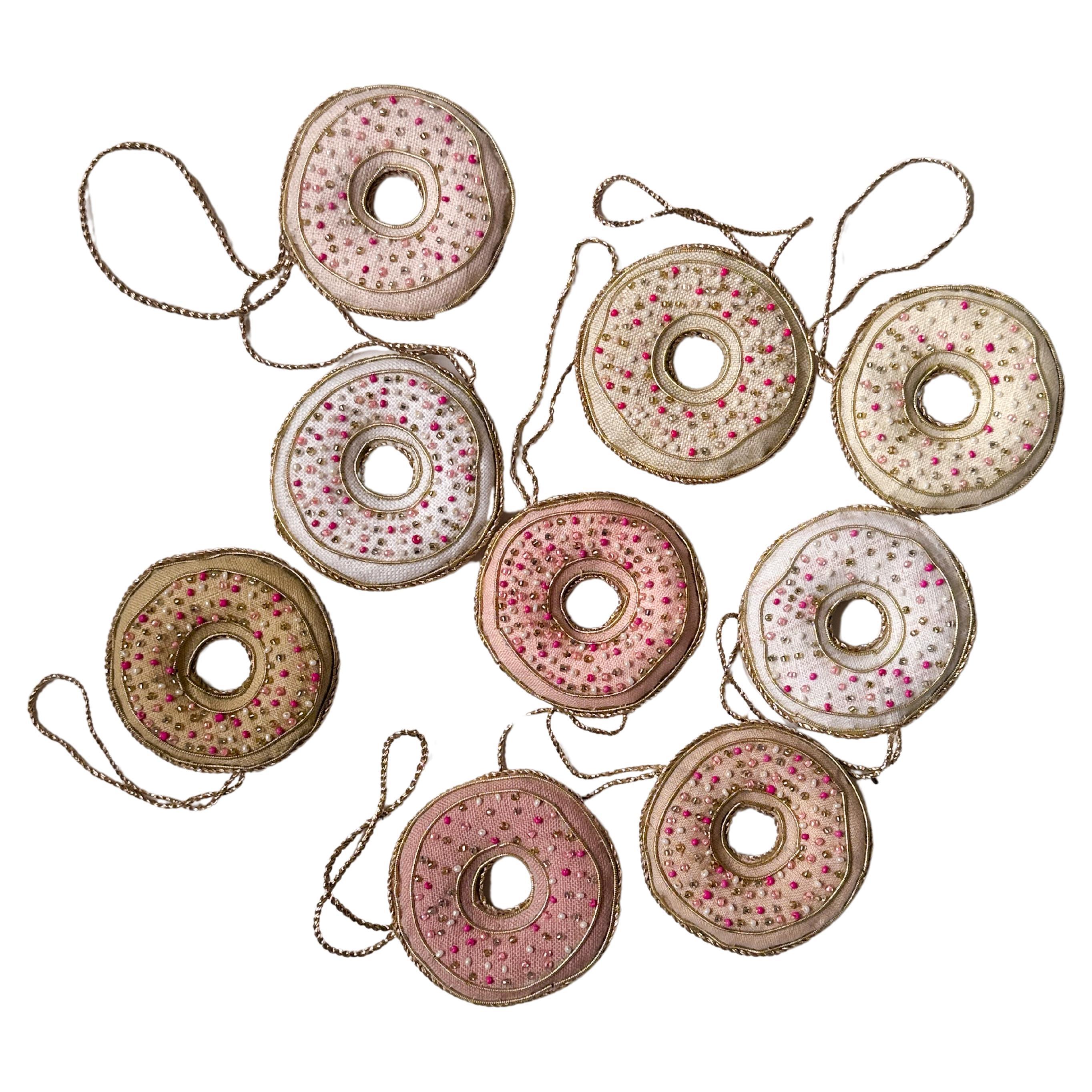Set of 9 Luxury Christmas Holiday Ornament Vintage Irish Linen Donuts Doughnuts