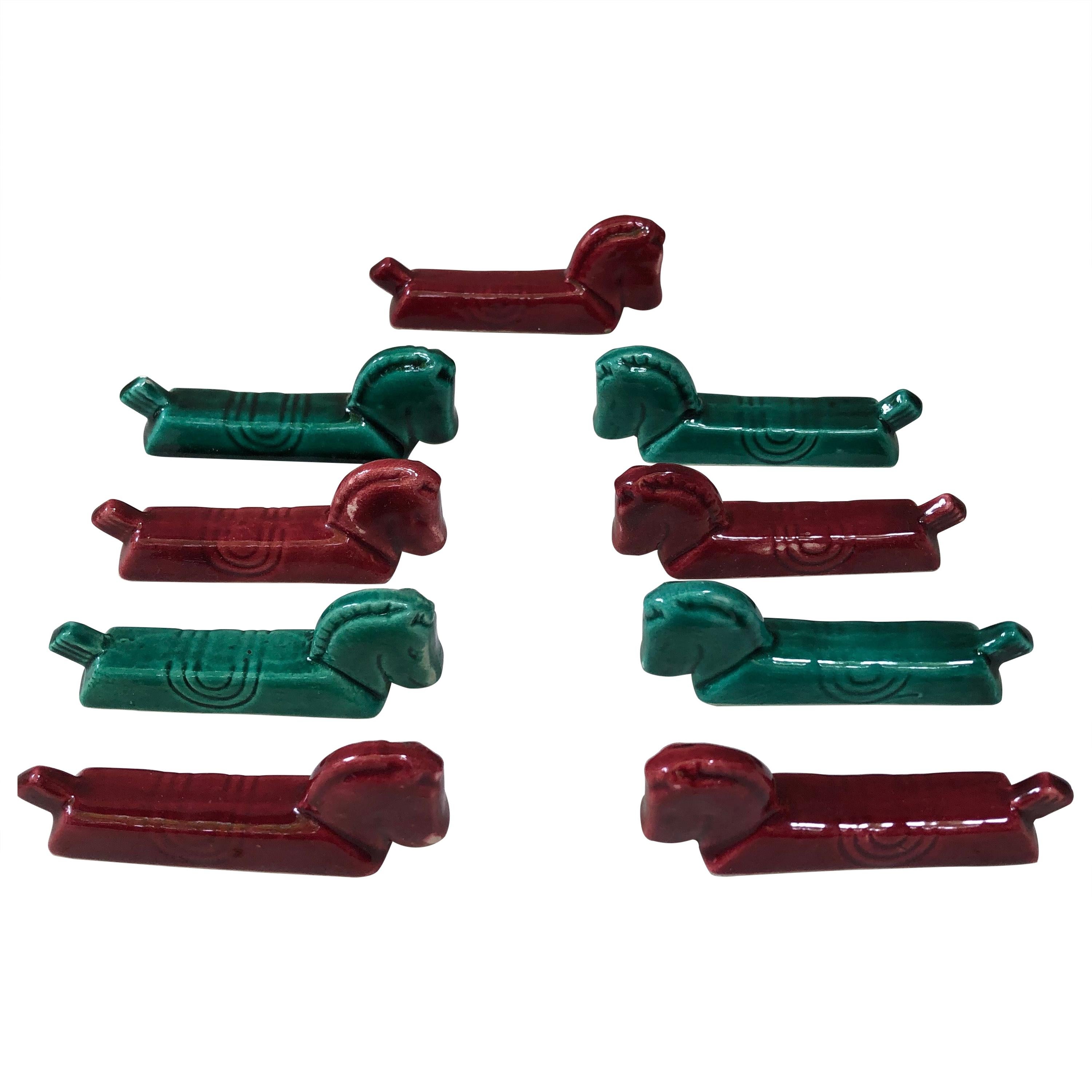 Set of 9 Majolica Horses Knife Rests, circa 1950 For Sale