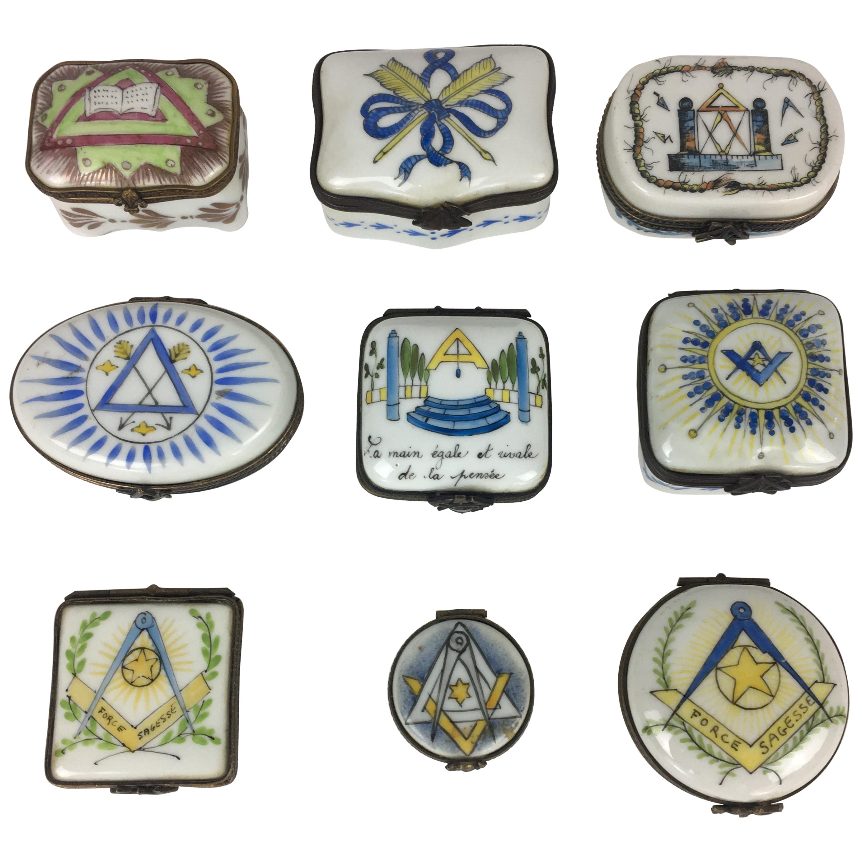 Set of 9 Masonic 19th Century Decorative Boxes by Limoges Porcelain, France