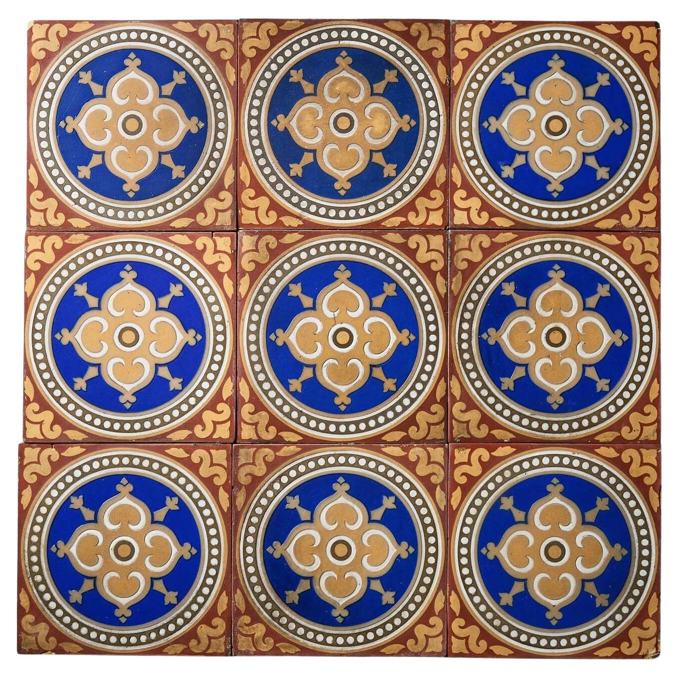 Set of 9 Maw & Co Antique Patterned Encaustic Tiles For Sale