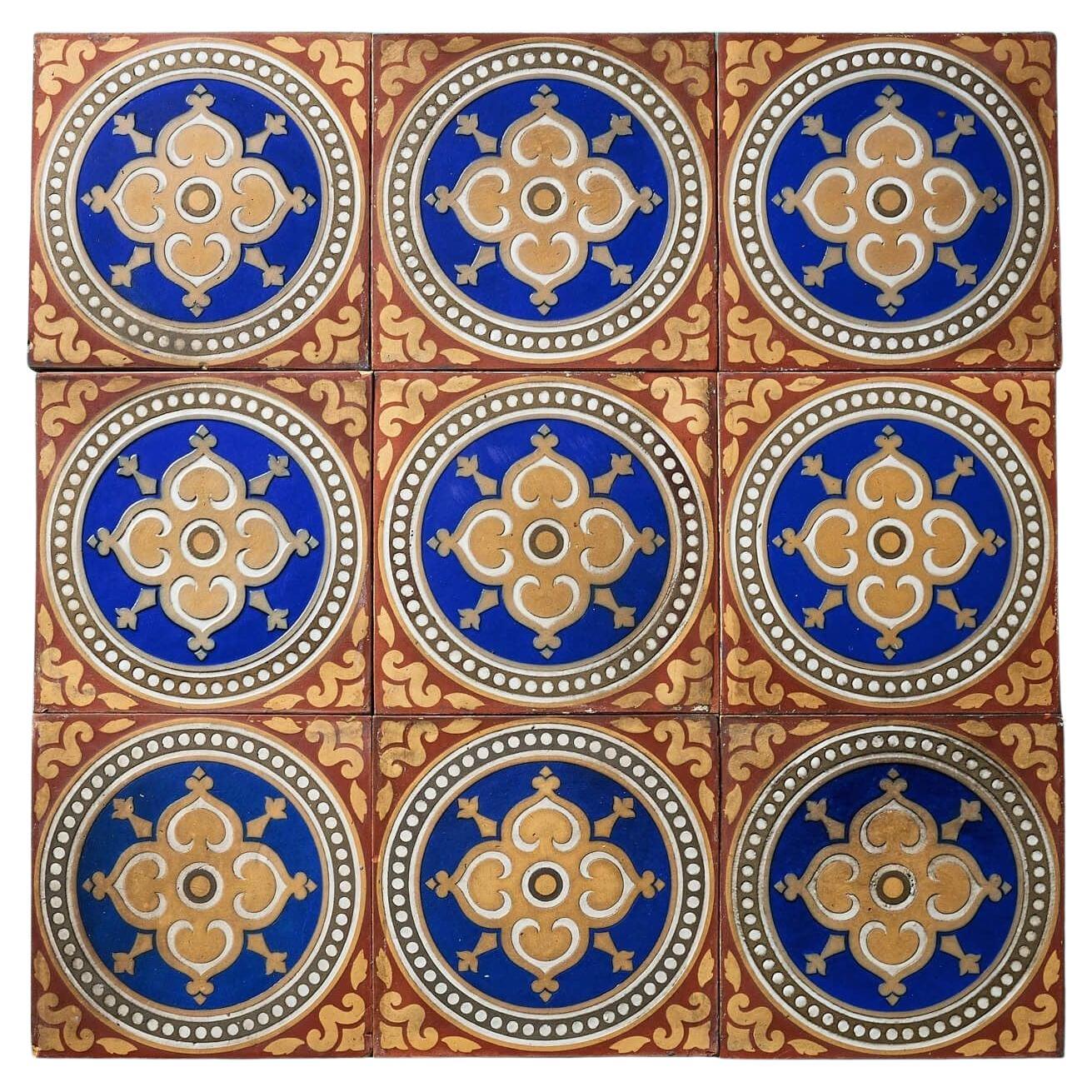 Ensemble de 9 carreaux encaustiques à motifs de Maw & Co