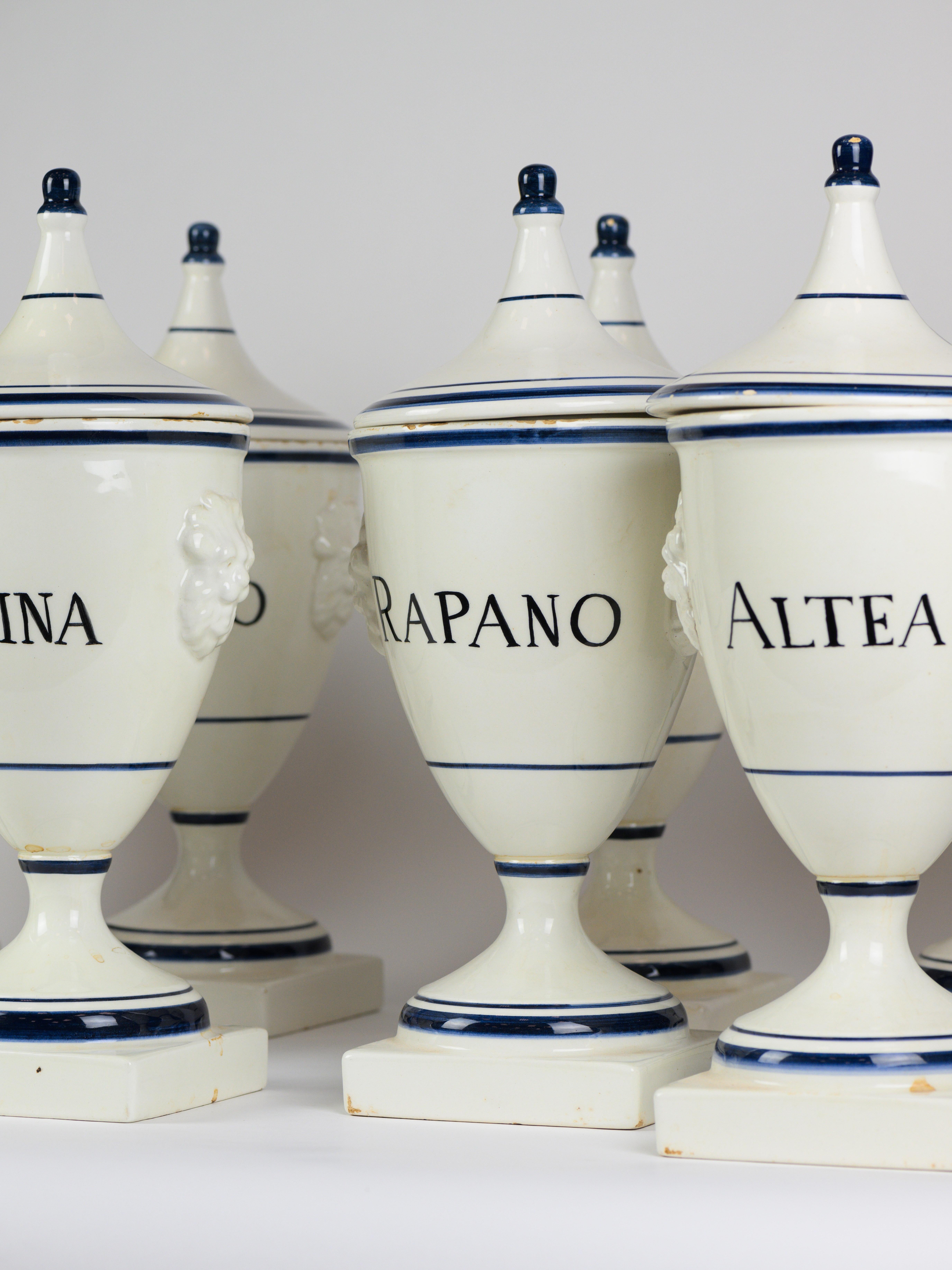 Remarquable set of 9 old pharmacy pot from Italy. 

White cream with blue handwriting. 

Good condition. 