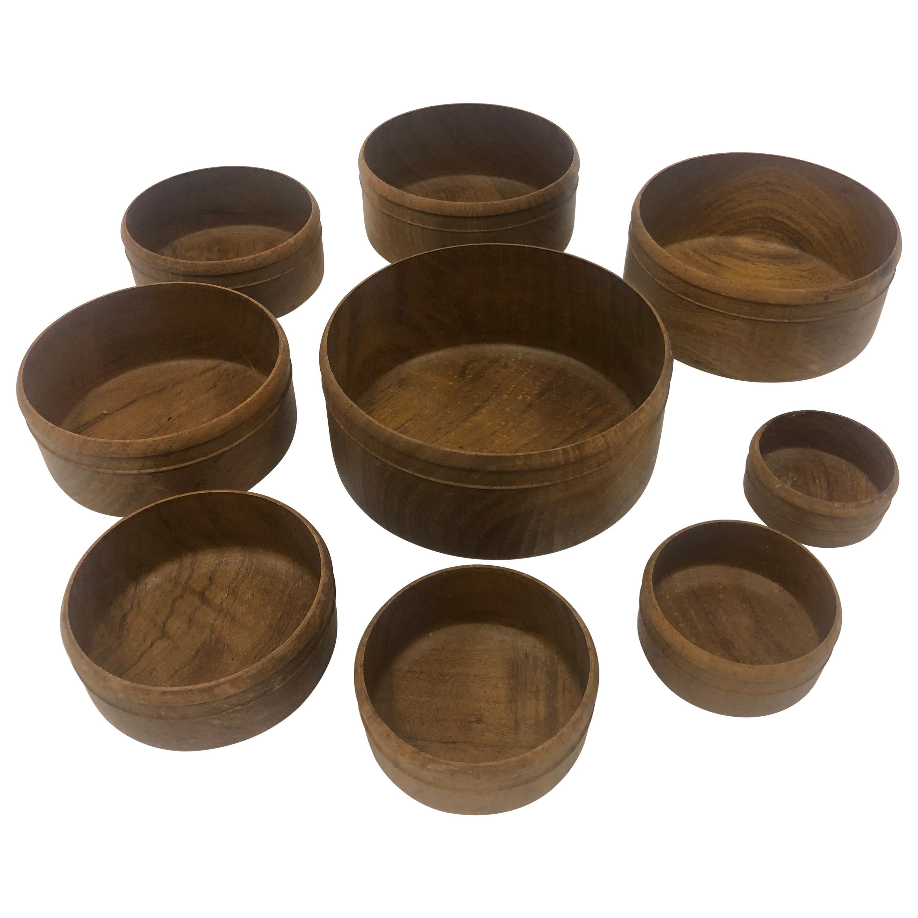 Set of 9 Olive Wood Nesting Hand Carved Bowls For Sale