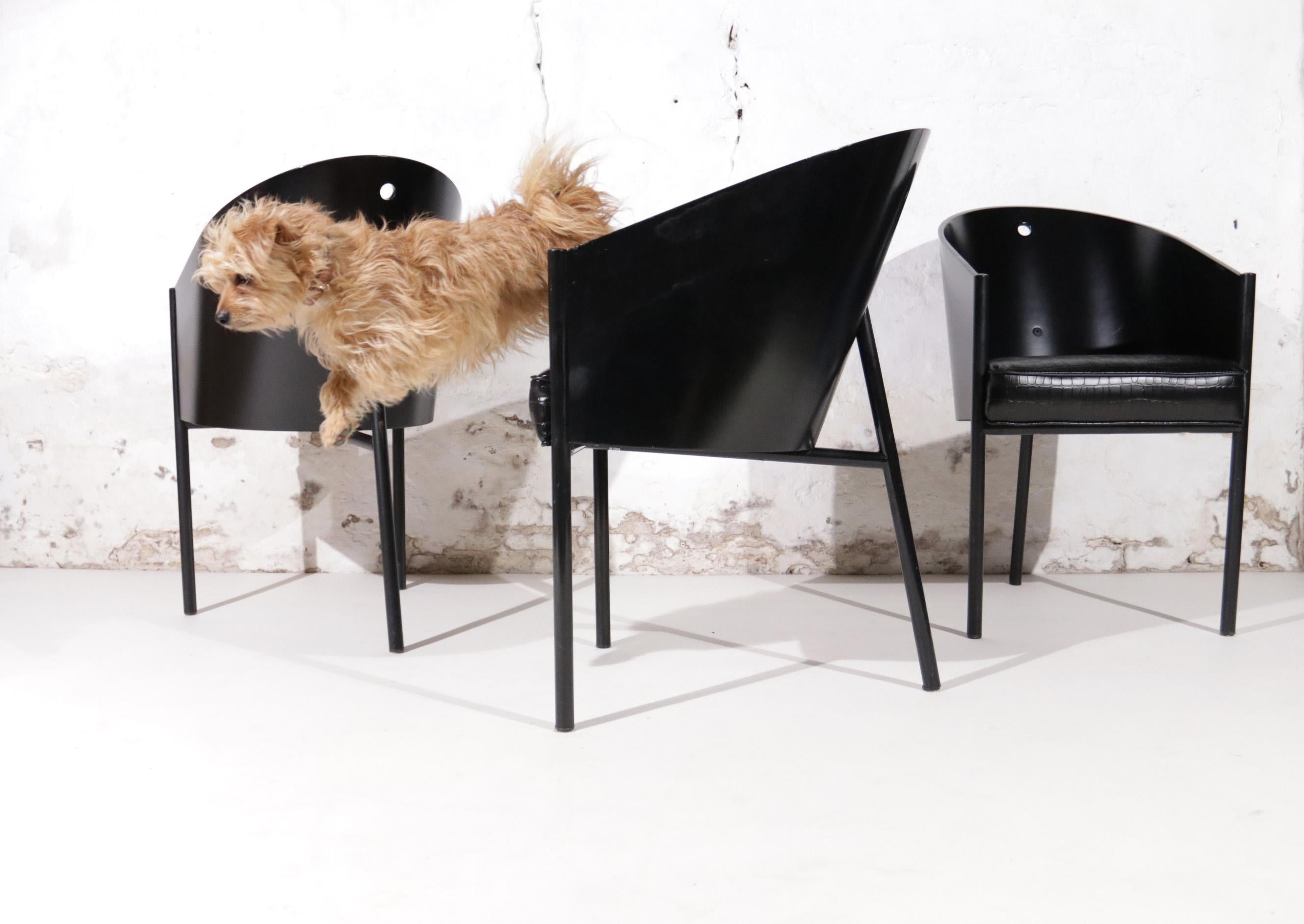 Unique set of 9 three-legged black chairs designed by Philippe Starck in 1982 for the Cafe Costes in Paris these chairs were produced by Aleph Ubik an French company in the 1980s. 
We bought this set from the 1st owners and they had 6 pieces at the