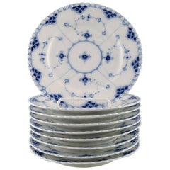 Set of 9 Pieces, Antique Blue Fluted Full Lace Flat Plates, Royal Copenhagen