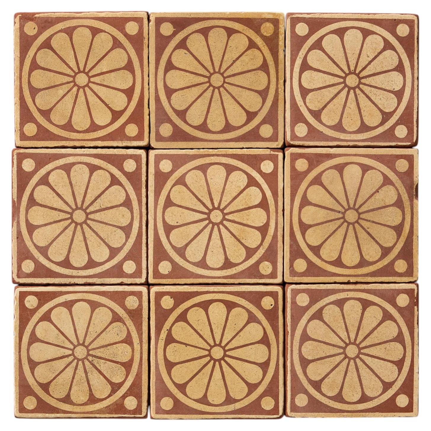 Set di 9 piastrelle encaustiche floreali di recupero di Campbell Tile Co in vendita