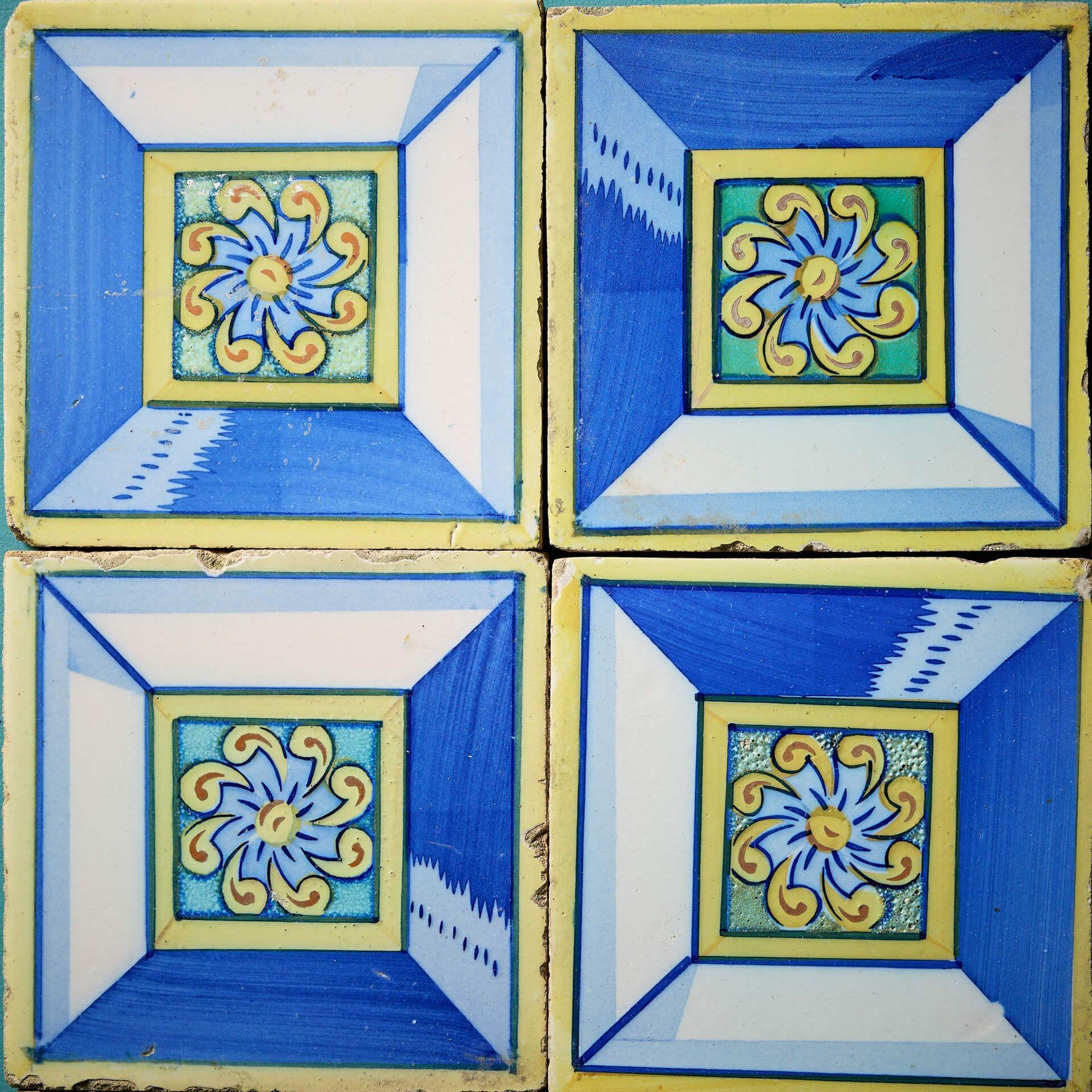 Mid-Century Modern Set of 9 Reclaimed Geometric Polychrome Tiles For Sale