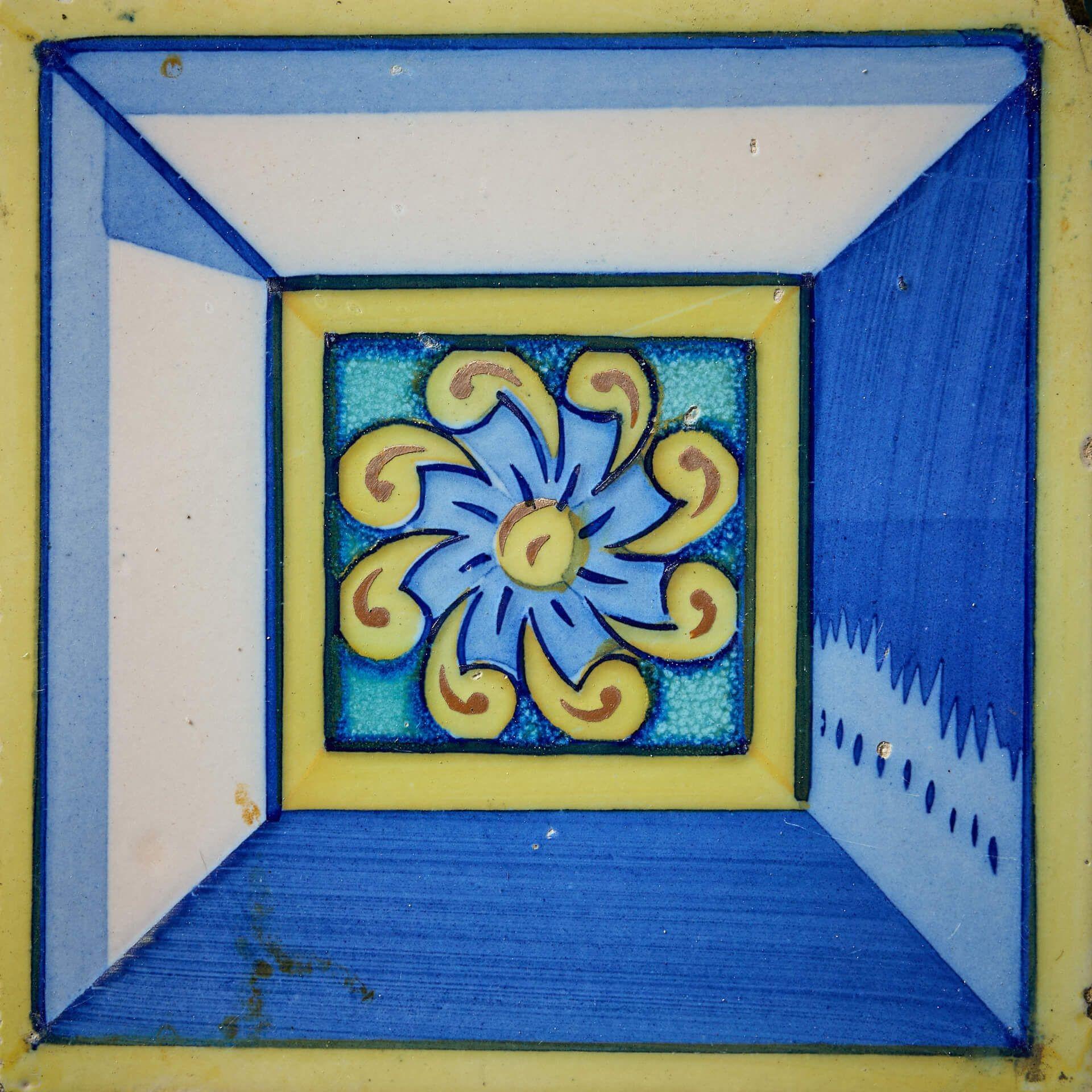 Spanish Set of 9 Reclaimed Geometric Polychrome Tiles For Sale