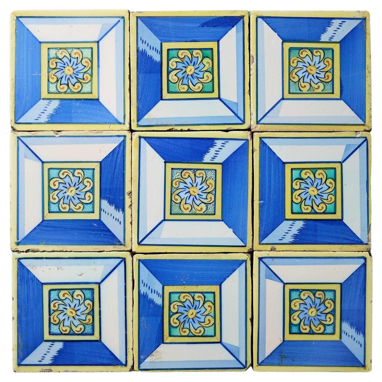 Set of 9 Reclaimed Geometric Polychrome Tiles For Sale