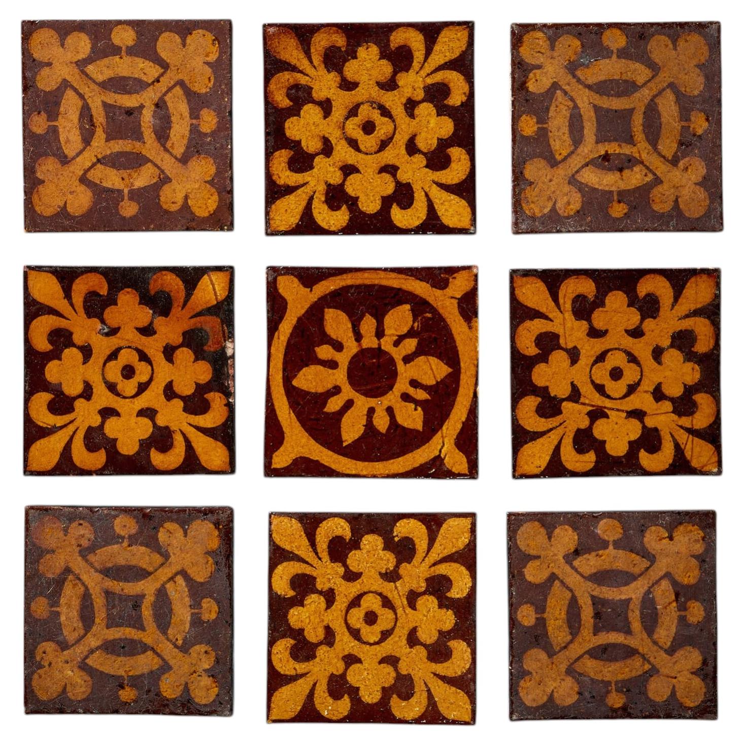 Ensemble de 9 carreaux encaustiques mixtes récupérés par Craven Dunnill & Co en vente