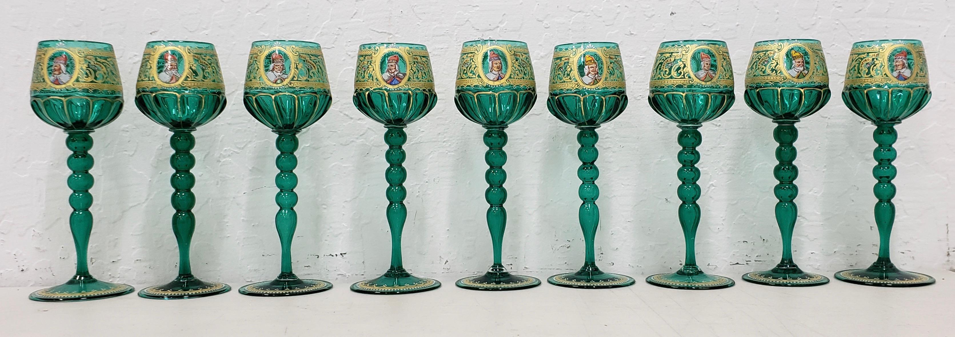 Set of nine Salviati Murano wine glasses hand painted with notable Venetian figures

circa 1930

Each glass is hand painted and hand gilded.

Dimensions 2.5